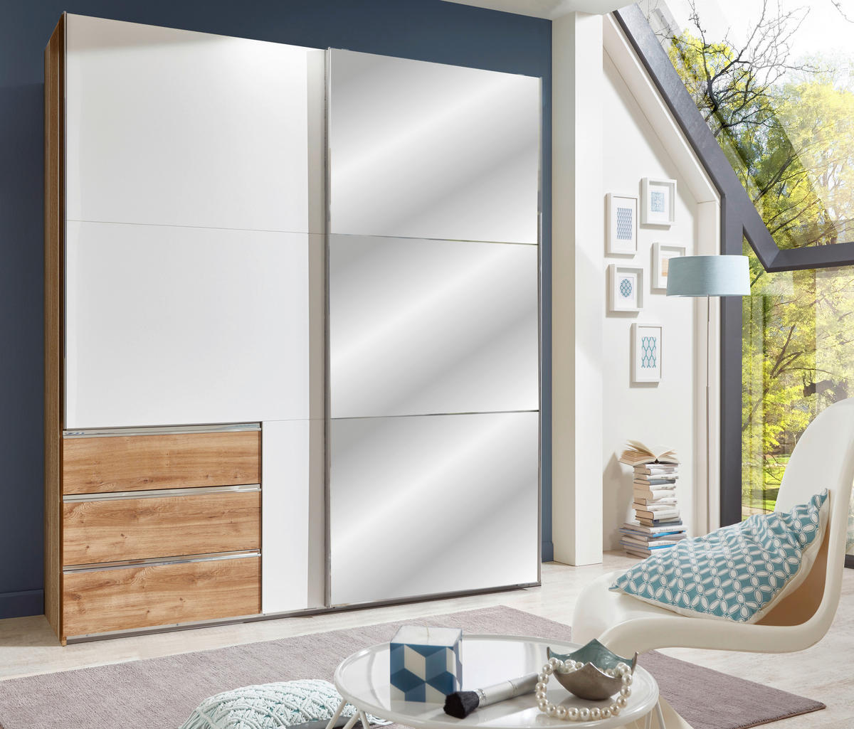 SCHWEBETÜRENSCHRANK  in Weiß, Plankeneiche  - Chromfarben/Plankeneiche, MODERN, Glas/Holzwerkstoff (200/236/65cm) - MID.YOU