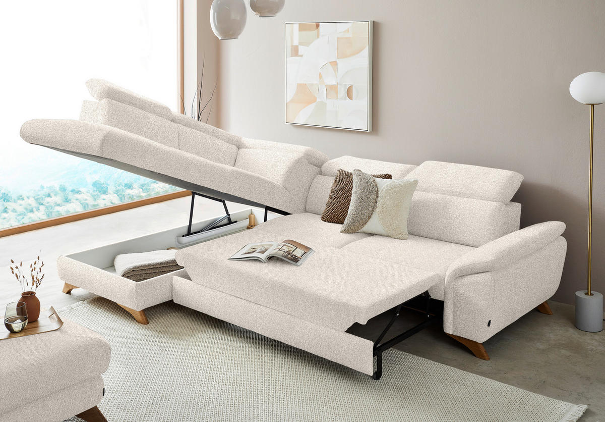 ECKSOFA in Bouclé Creme  - Eichefarben/Creme, Modern, Holz/Textil (212/287cm) - Valnatura