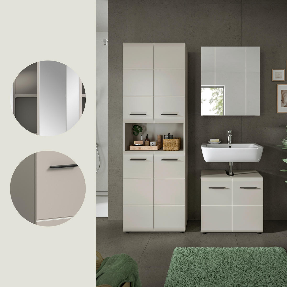 BADEZIMMER 3-teilig  in 120 cm  - Kaschmir/Schwarz, Trend, Glas/Holzwerkstoff (120cm) - MID.YOU