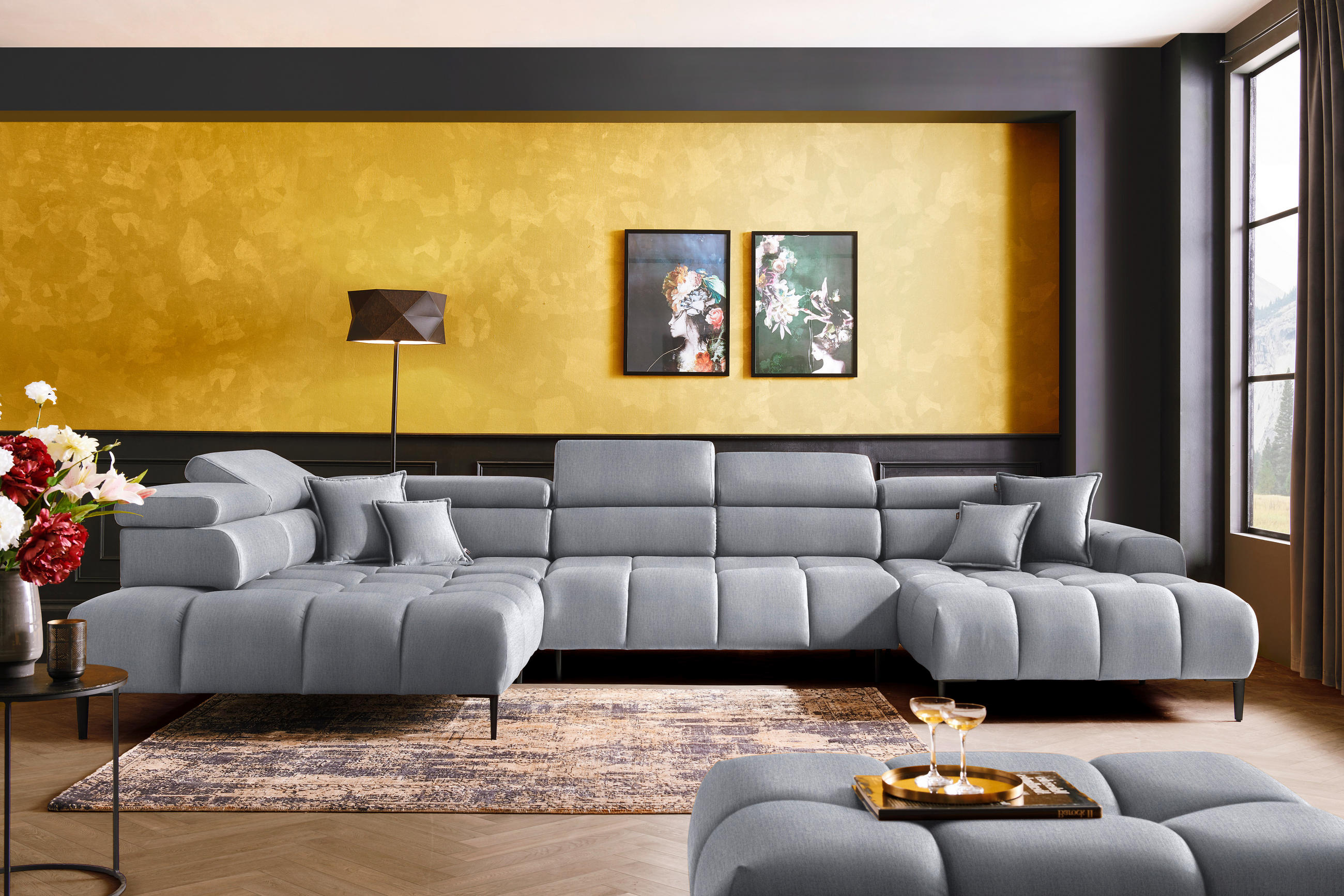 WOHNLANDSCHAFT in Samt, Webstoff Hellgrau  - Hellgrau/Schwarz, Design, Textil/Metall (216/385/177cm) - Welnova