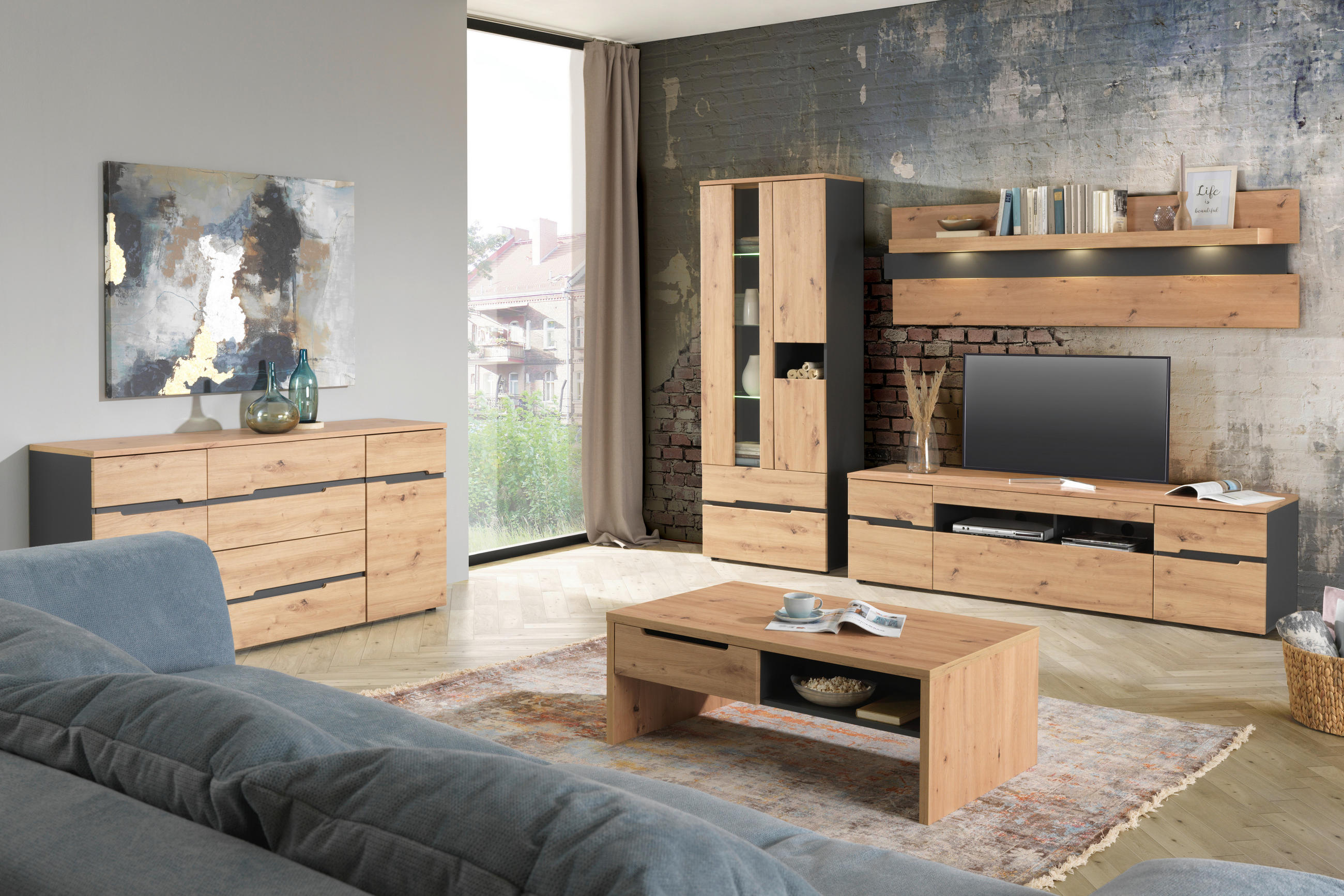 ÉLÉMENT TV Graphitfarben, Eiche Artisan  192/53/47 cm  - Schwarz/Graphitfarben, Trend, Holzwerkstoff/Kunststoff (192/53/47cm) - Carryhome