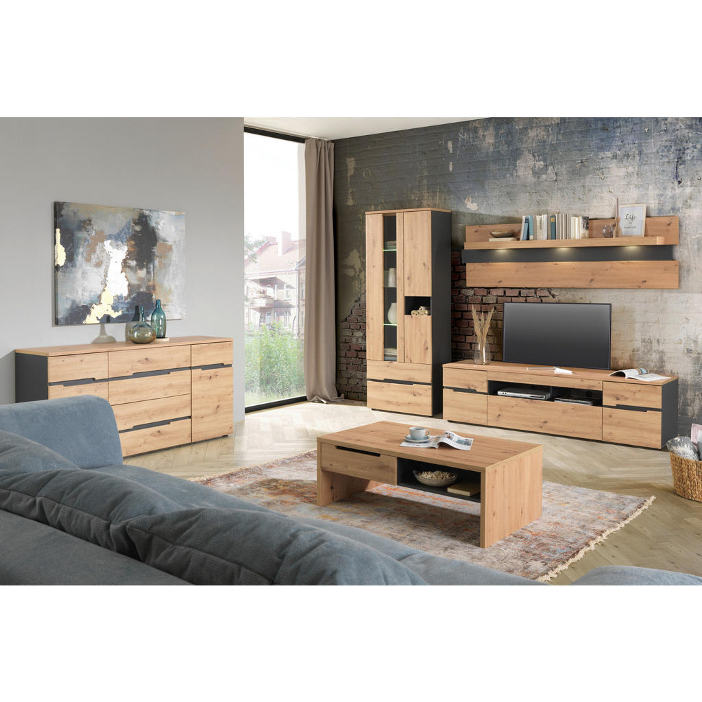 Thumbnail - Carryhome Tv-Element, Graphit, Eiche Artisan, Holzwerkstoff, 2 Fächer, 1 Schubladen, 192x53x47 cm, Kabeldurchlass, Klein...