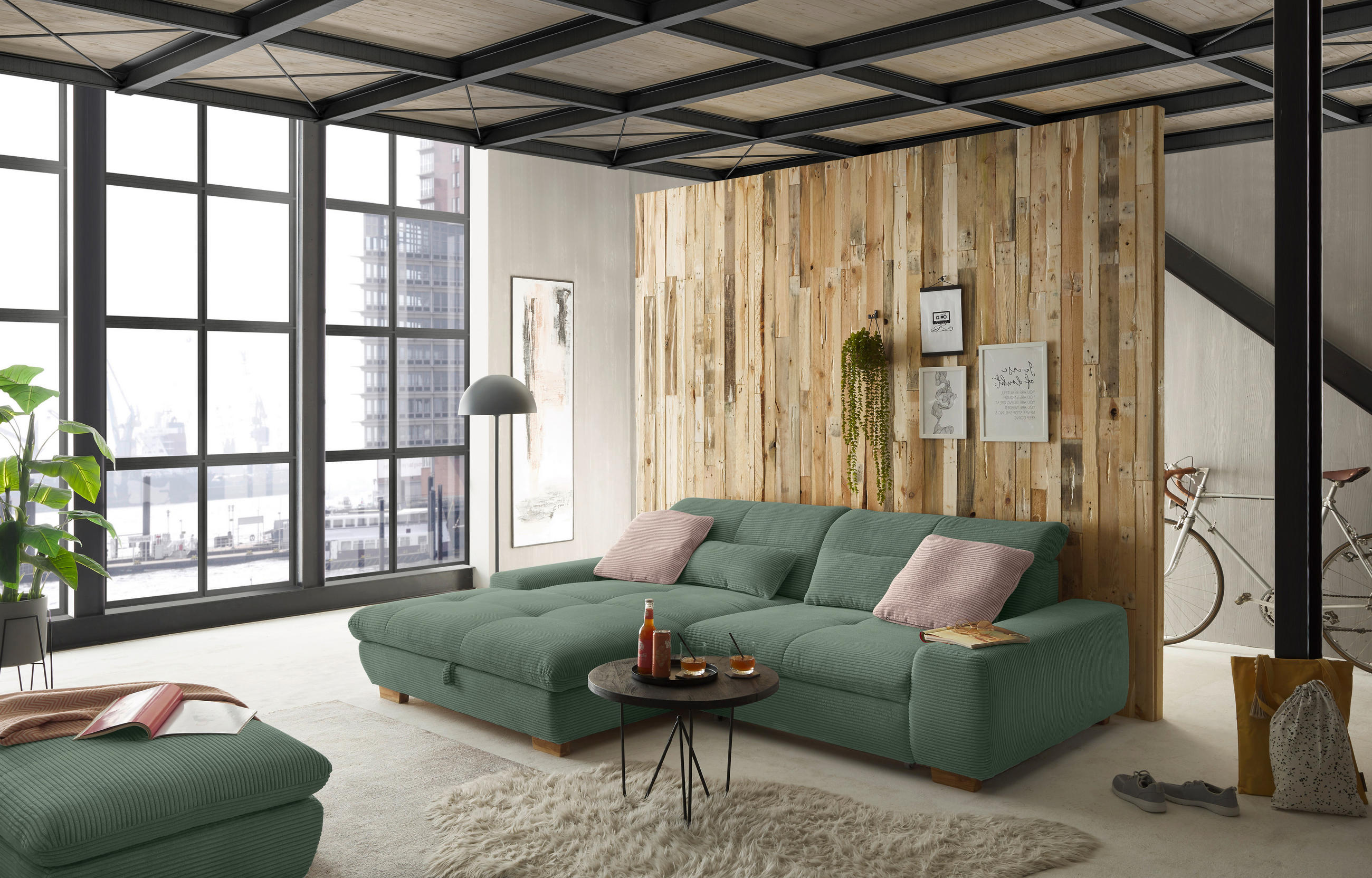ECKSOFA Olivgrün Cord  - Eichefarben/Olivgrün, Design, Holz/Textil (198/276cm) - SetOne by Musterring