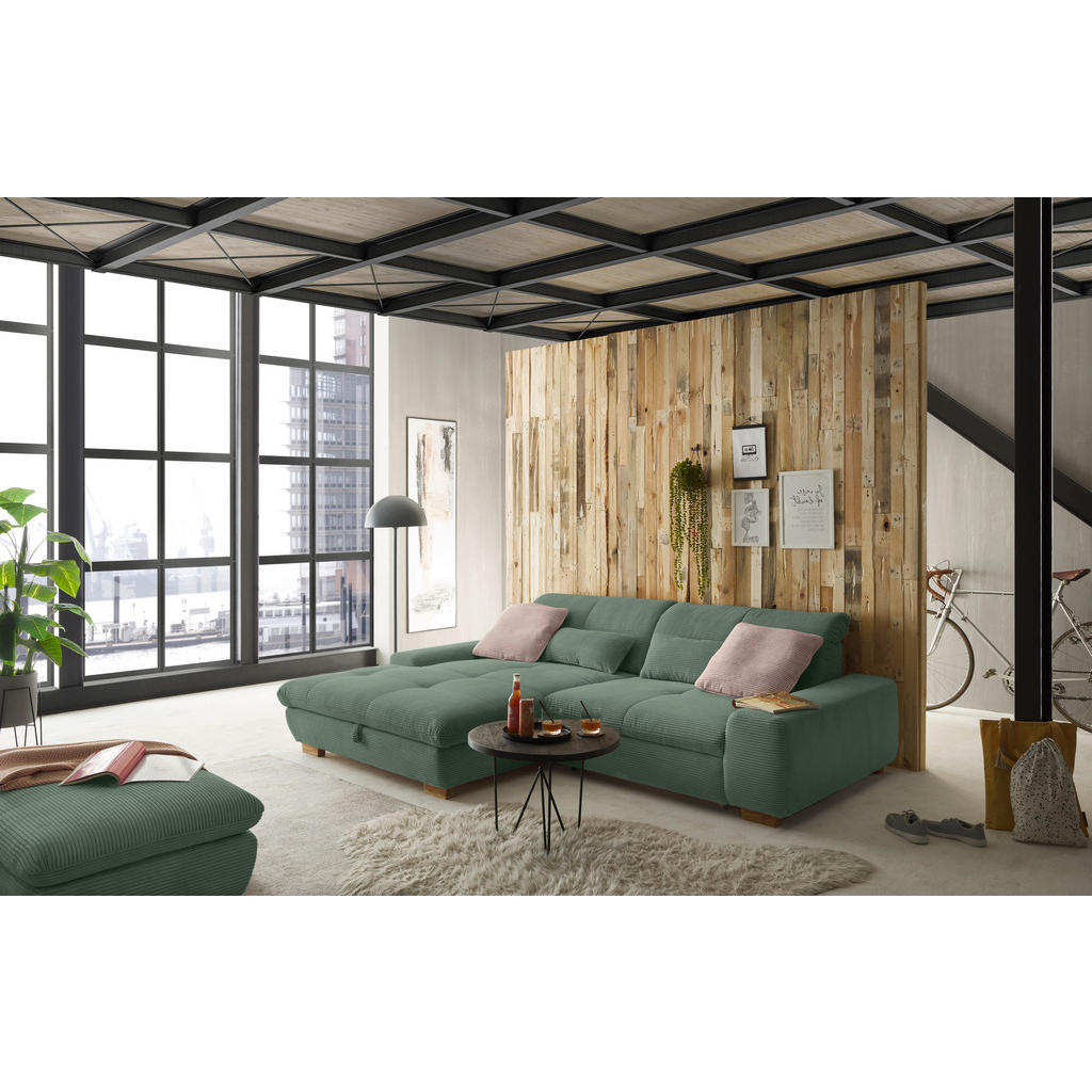 Thumbnail - SetOne by Musterring Ecksofa, Olivgrün, Textil, Eiche, massiv, 2-Sitzer, Ottomane links, L-Form, 276x198 cm, Bettkasten ...