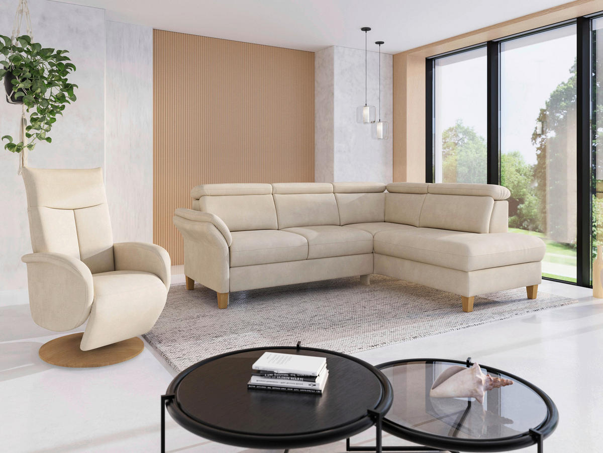 ECKSOFA GLENDALE E Sandfarben Chenille  - Sandfarben/Eichefarben, KONVENTIONELL, Holz/Textil (247/193cm) - Sit & More