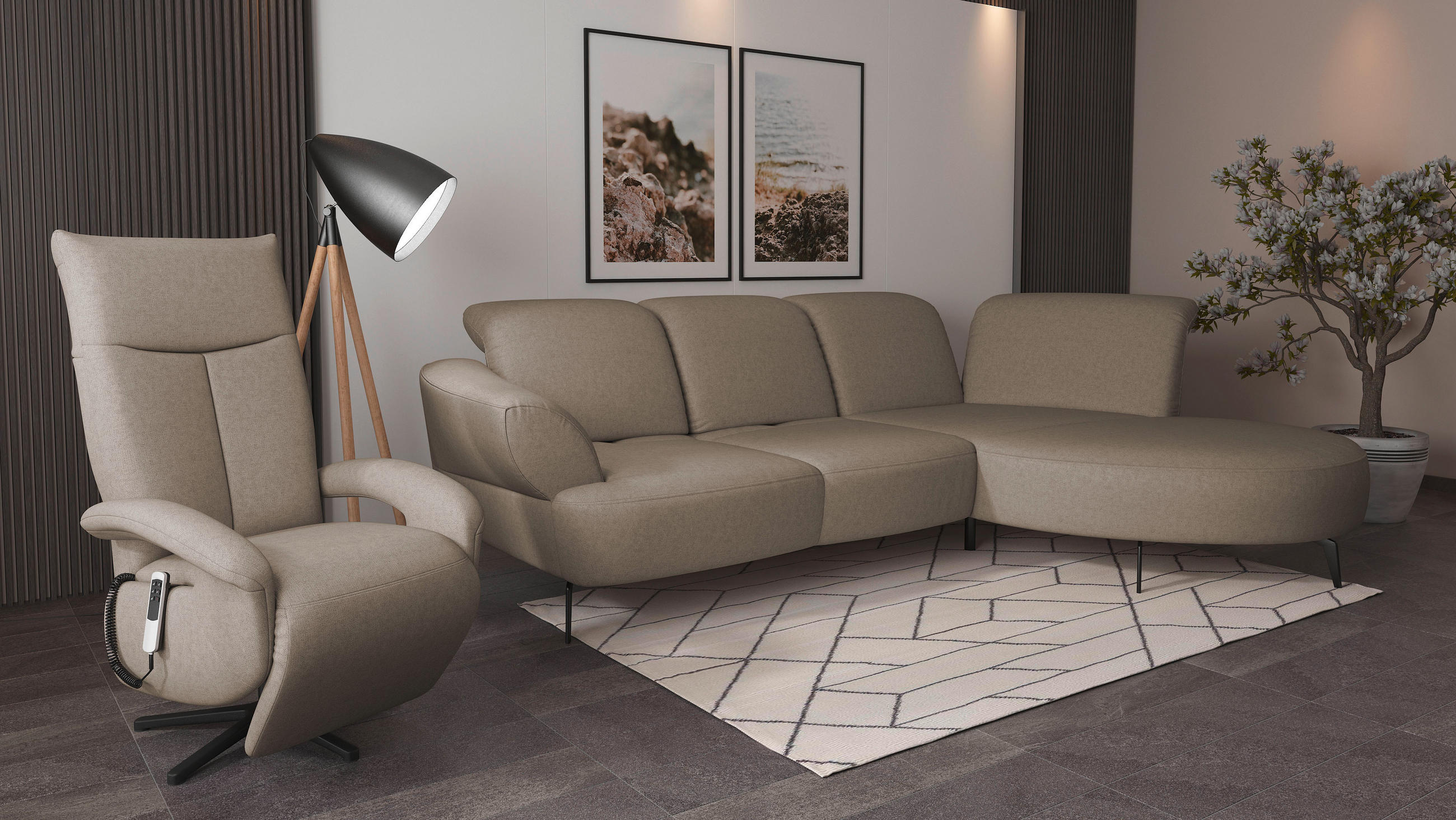 Thumbnail - Sit & More Ecksofa Dance E, Taupe, Textil, 5-Sitzer, Ottomane rechts, L-Form, 313x208 cm, Goldenes M, Oeko-Tex® Standard...