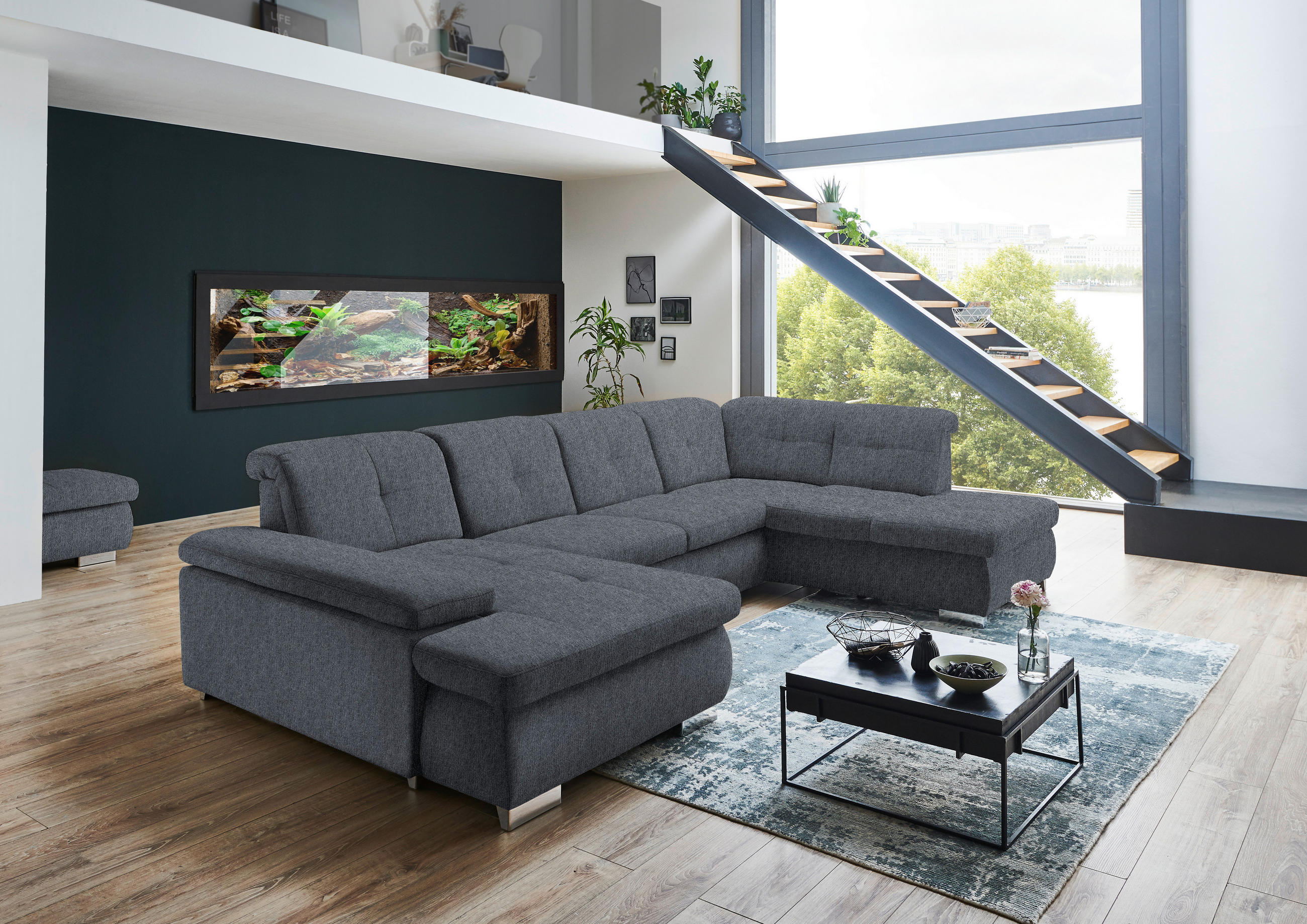 WOHNLANDSCHAFT Anthrazit Webstoff  - Anthrazit/Schwarz, Design, Textil/Metall (210/337/174cm) - Beldomo Style
