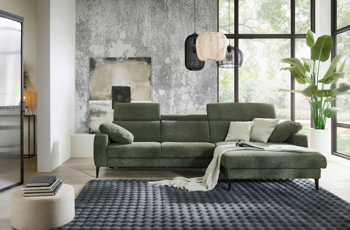 ECKSOFA Grün Chenille  - Schwarz/Grün, KONVENTIONELL, Textil/Metall (300/177cm) - Valdera