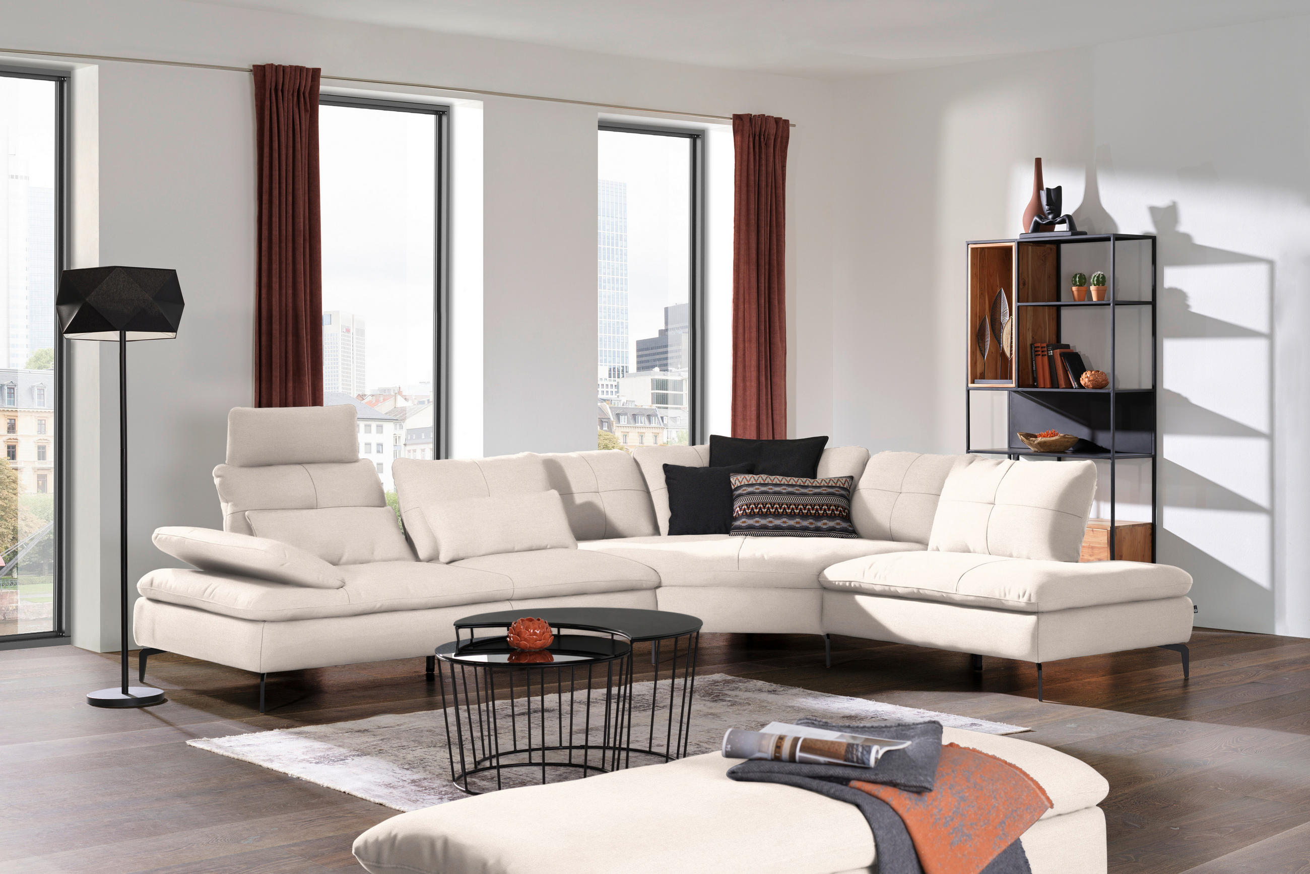ECKSOFA in Flachgewebe Creme  - Creme/Schwarz, Design, Textil/Metall (344/271cm) - Chilliano
