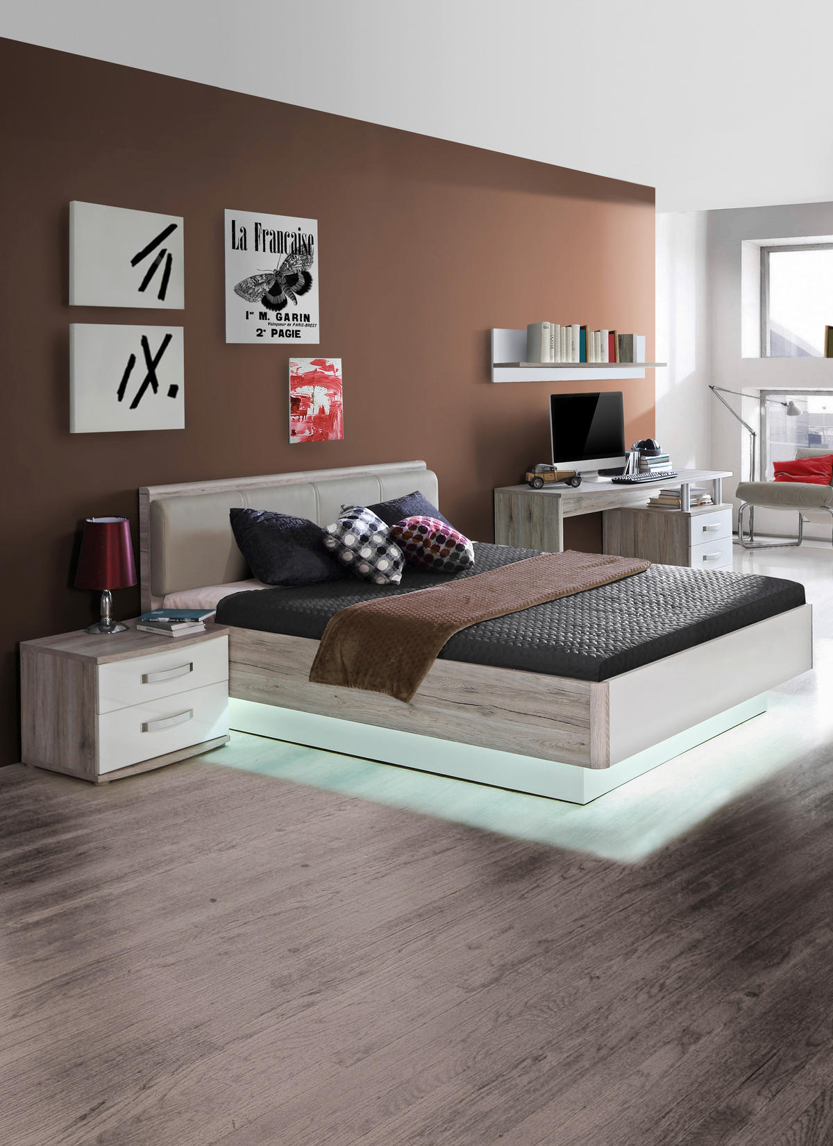 SCHWEBETÜRENSCHRANK 270/210/61 cm 2-türig Eichefarben, Weiß Hochglanz  - Edelstahlfarben/Eichefarben, Design, Holzwerkstoff/Metall (270/210/61cm) - Carryhome