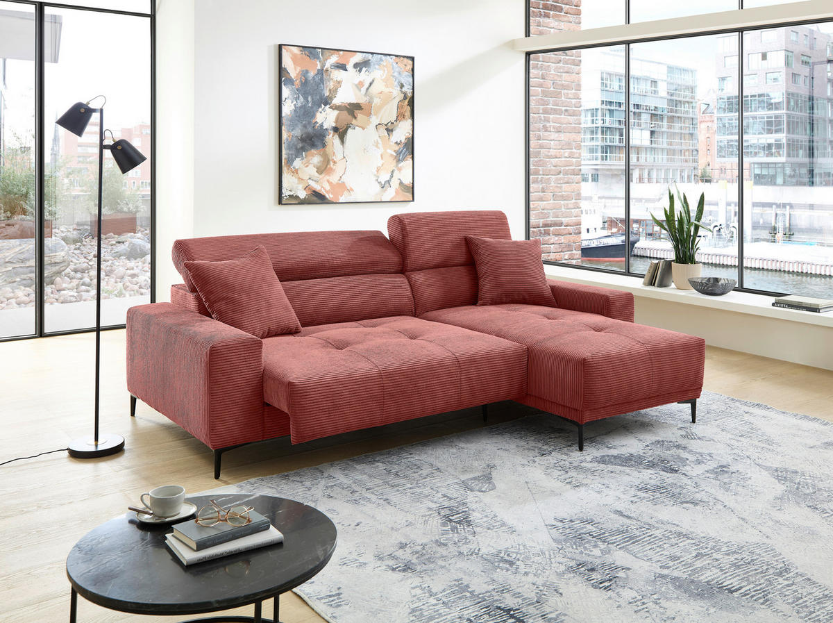ECKSOFA Cord Koralle  - Koralle/Schwarz, Basics, Textil/Metall (250/183cm) - Livetastic
