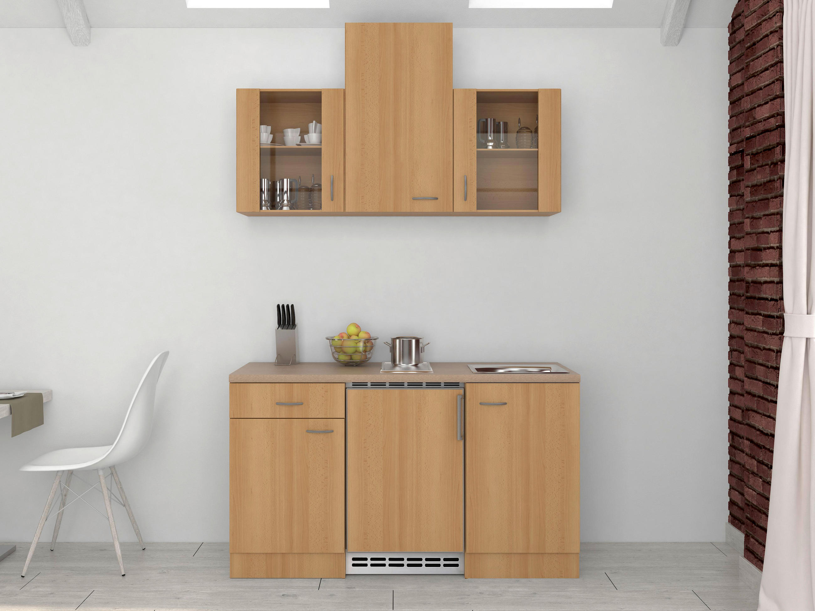 MINIKÜCHE 150 cm in Creme, Buchefarben - Edelstahlfarben/Buchefarben, MODERN, Glas (150cm) - MID.YOU