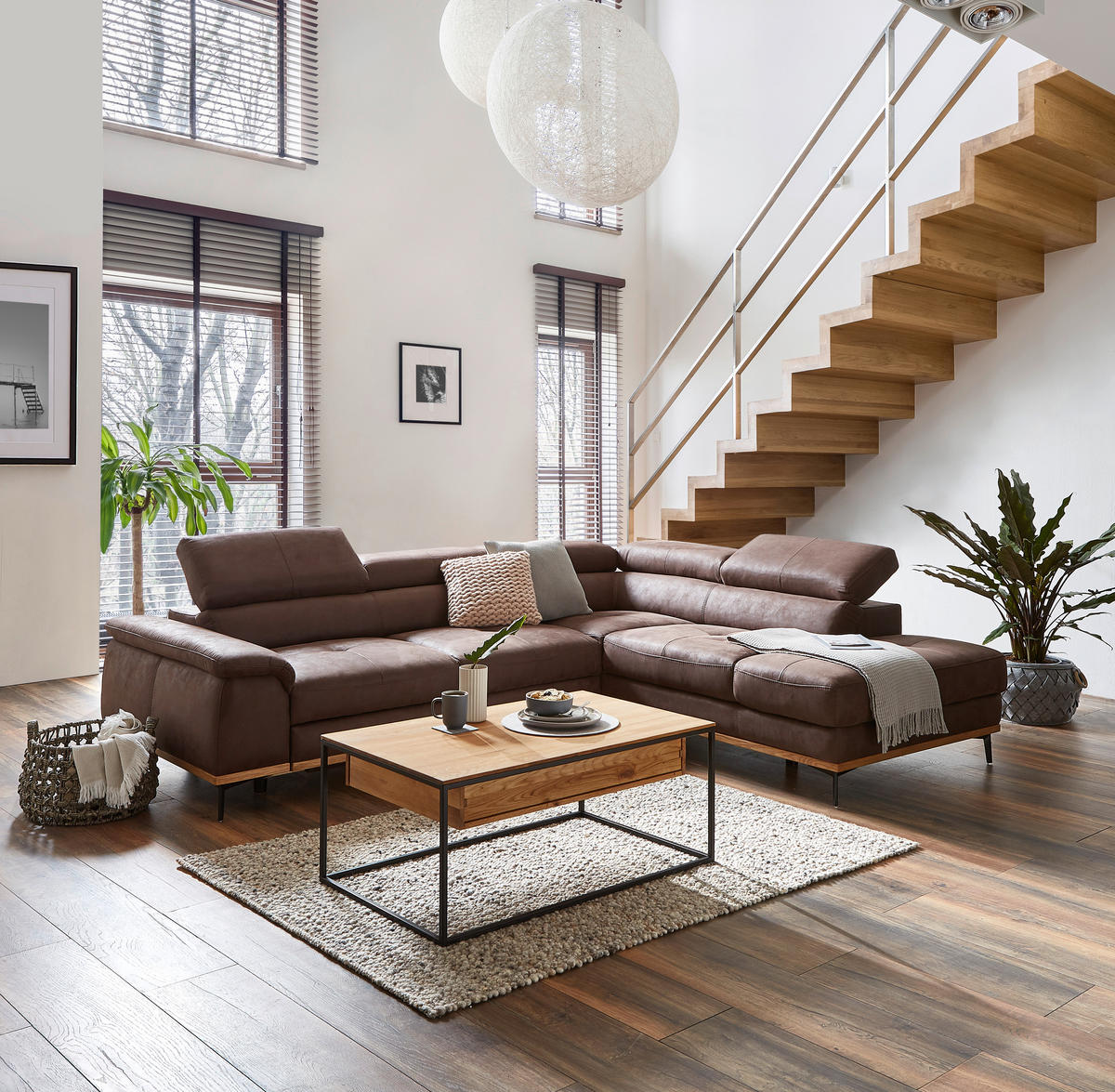 ECKSOFA inkl.Funktionen Dunkelbraun Lederlook  - Dunkelbraun/Schwarz, Natur, Holz/Textil (282/226cm) - Novel