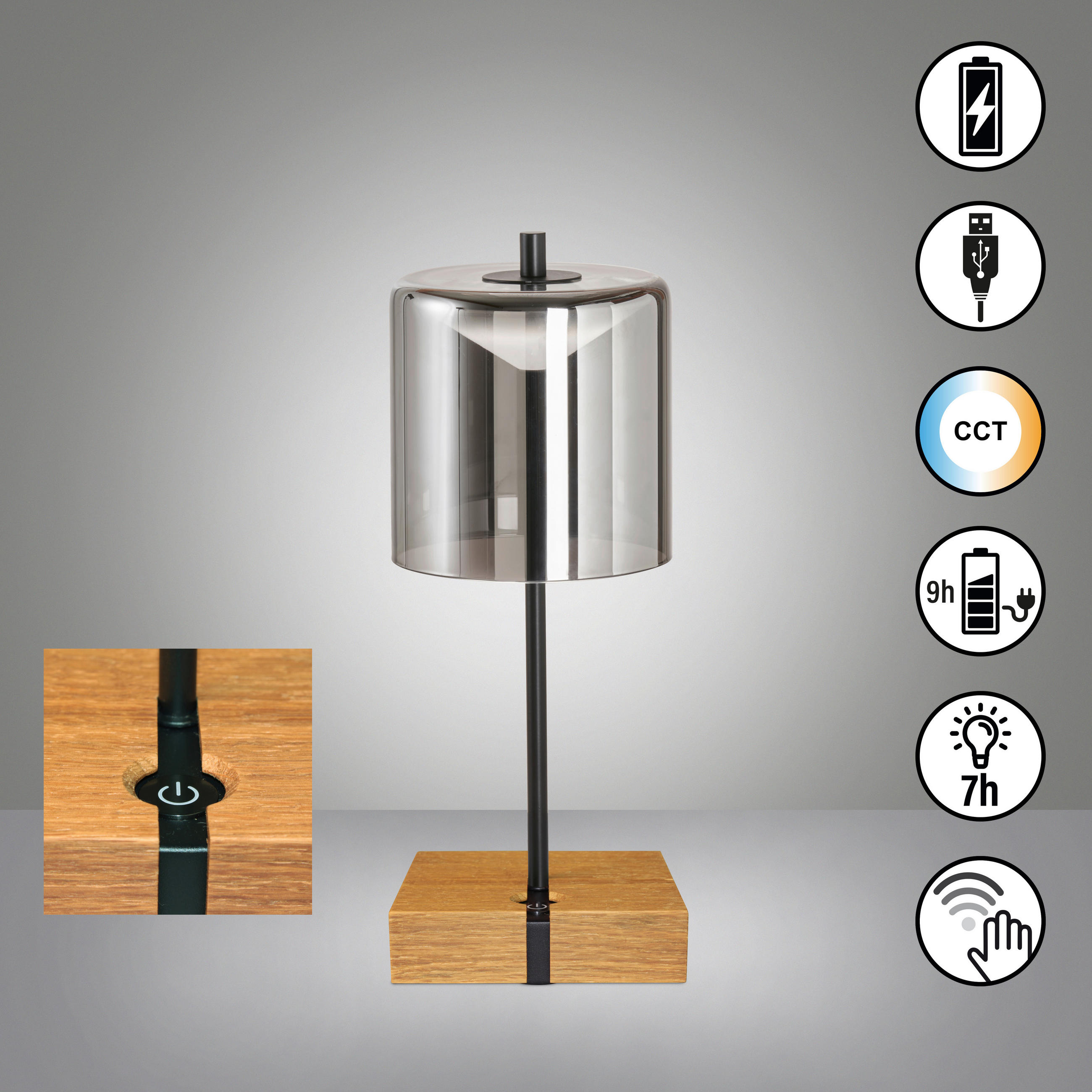 AKKU-TISCHLEUCHTE Shine-Wood 13/34,5 cm   - Natur, Holz/Metall (13/34,5cm) - Fischer & Honsel