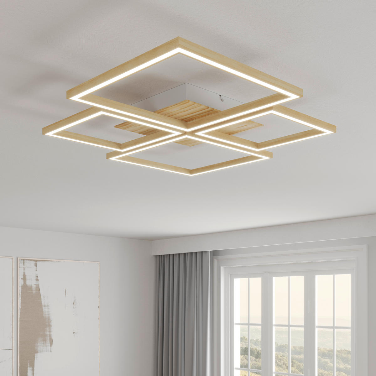 STROPNÉ LED SVIETIDLO, 75,5/75,5/5 cm - biela, Lifestyle, kov/drevo (75,5/75,5/5cm) - Novel