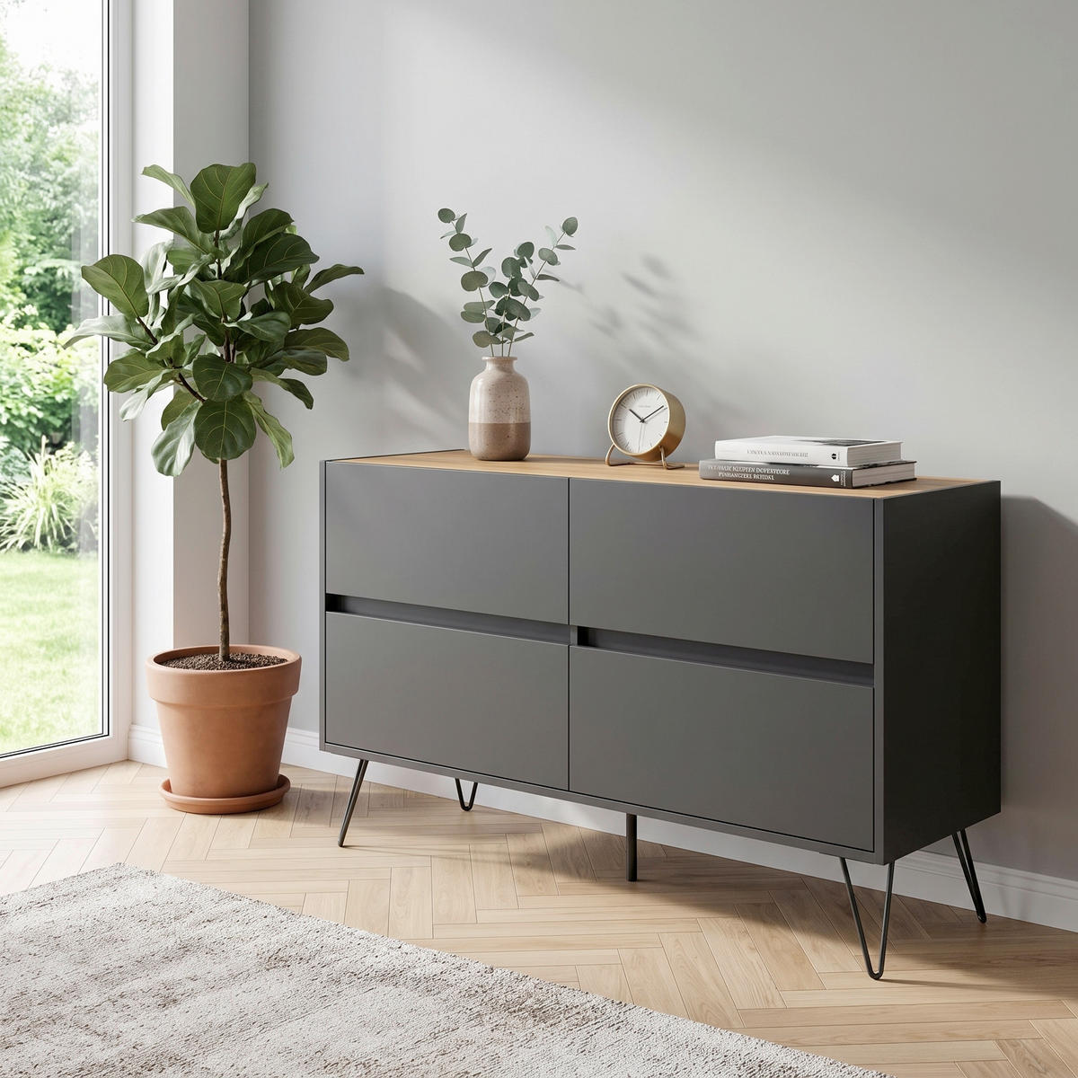 SIDEBOARD Posseik Industrial 119/75/42 cm 4 Schublade(n)  - Eichefarben/Graphitfarben, Design, Holzwerkstoff/Metall (119/75/42cm) - MID.YOU