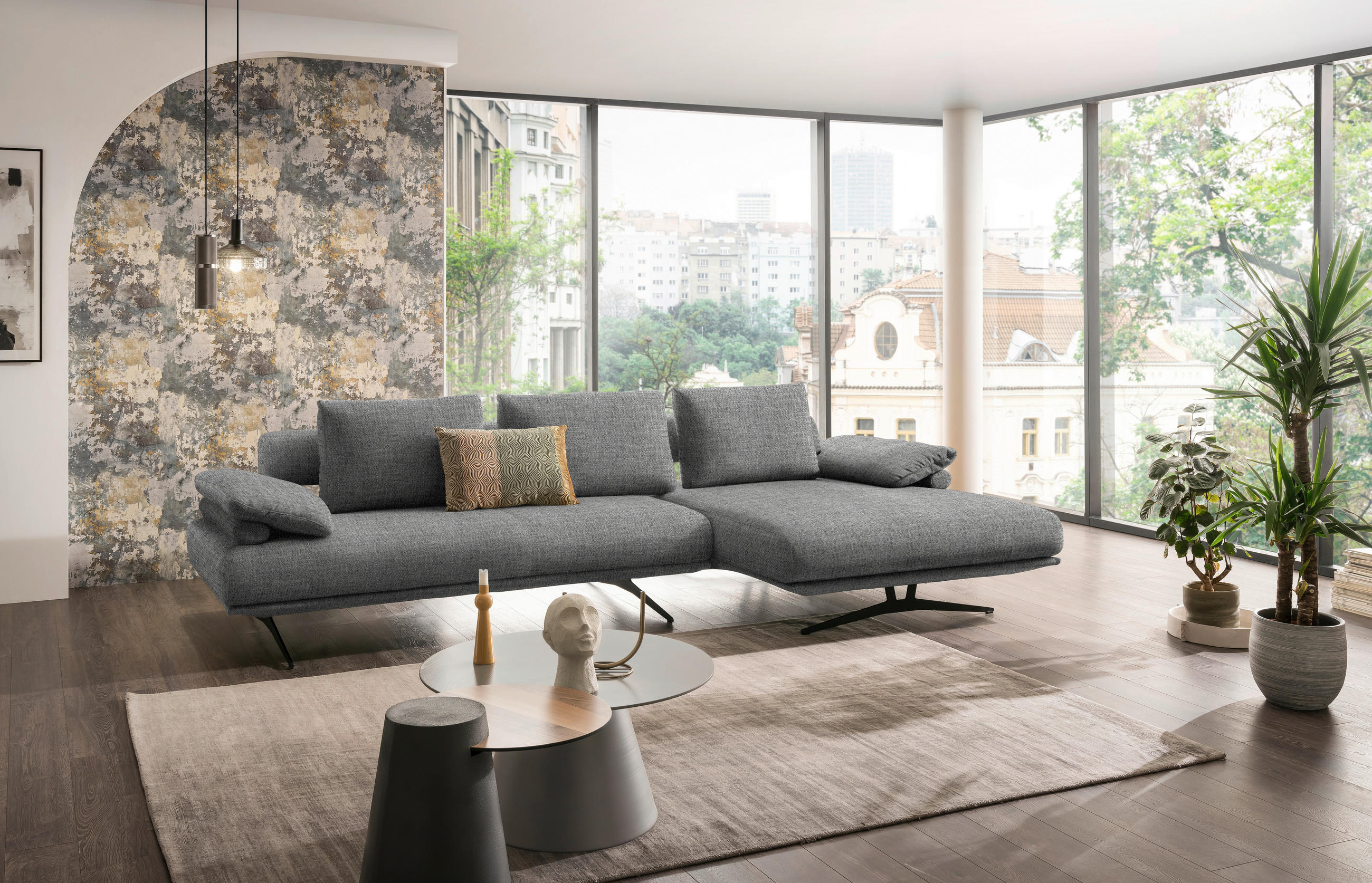 ECKSOFA in Chenille Grau  334/168 cm  - Schwarz/Grau, Design, Textil/Metall (334/168cm) - Dieter Knoll