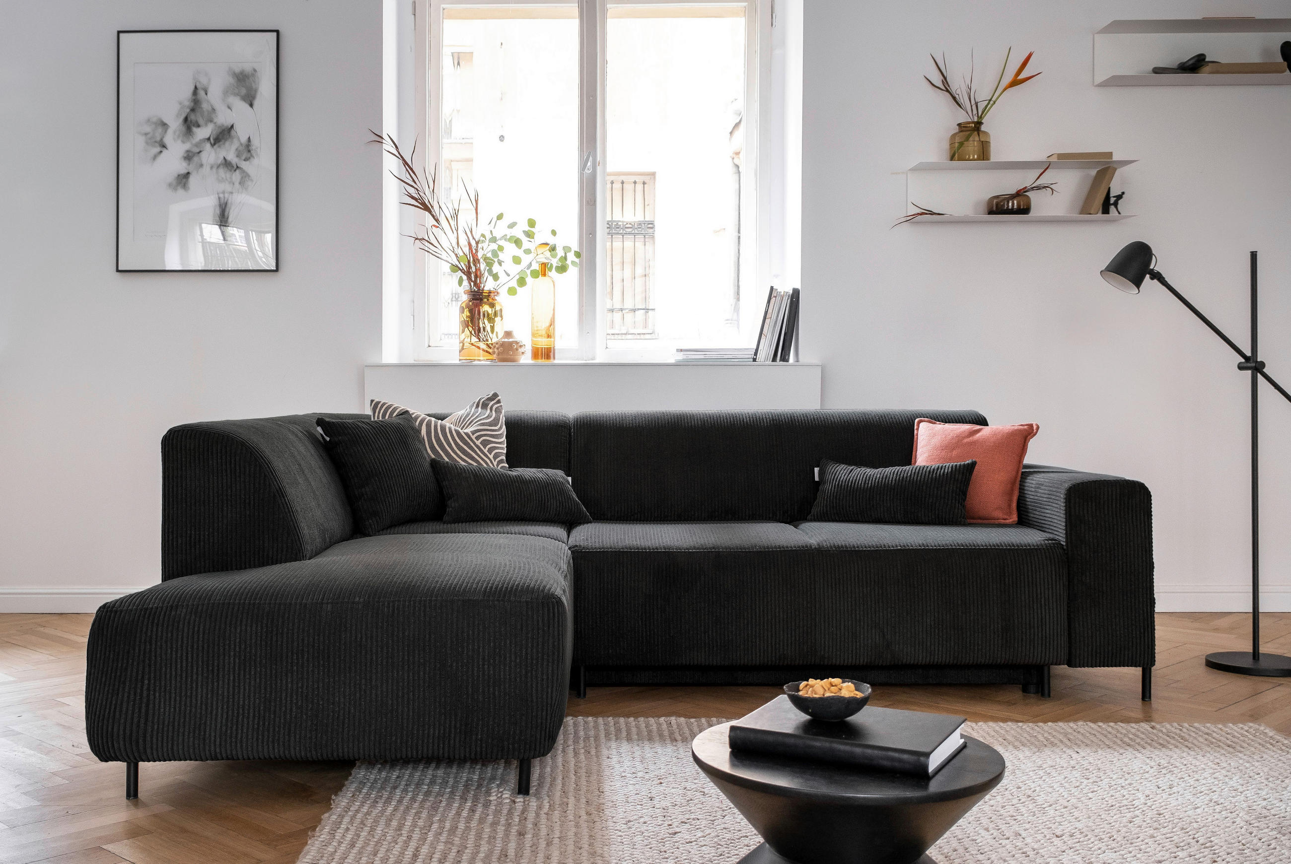 Thumbnail - Mid.you Ecksofa, Dunkelgrau, Textil, Uni, 6-Sitzer, Füllung: Schaumstoffflocken,Schaumstoffflocken, Ottomane links, L-Fo...