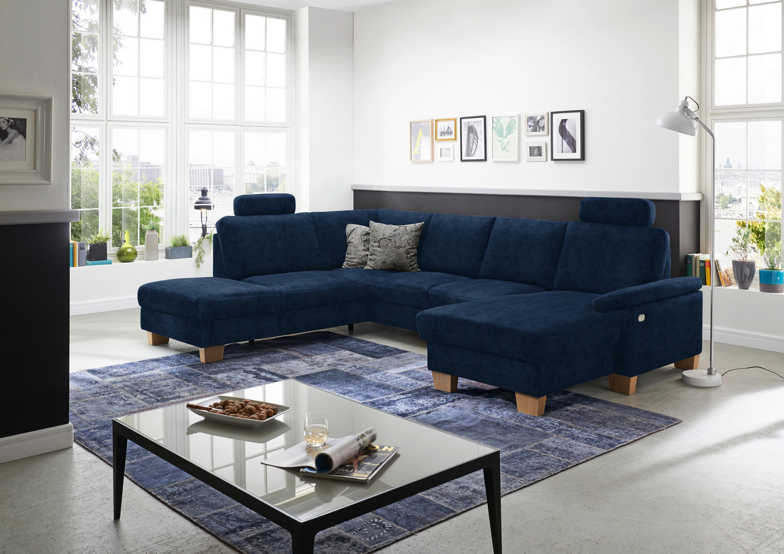 WOHNLANDSCHAFT in Velours Dunkelblau  - Eichefarben/Dunkelblau, Konventionell, Holz/Textil (235/316/167cm) - Beldomo System
