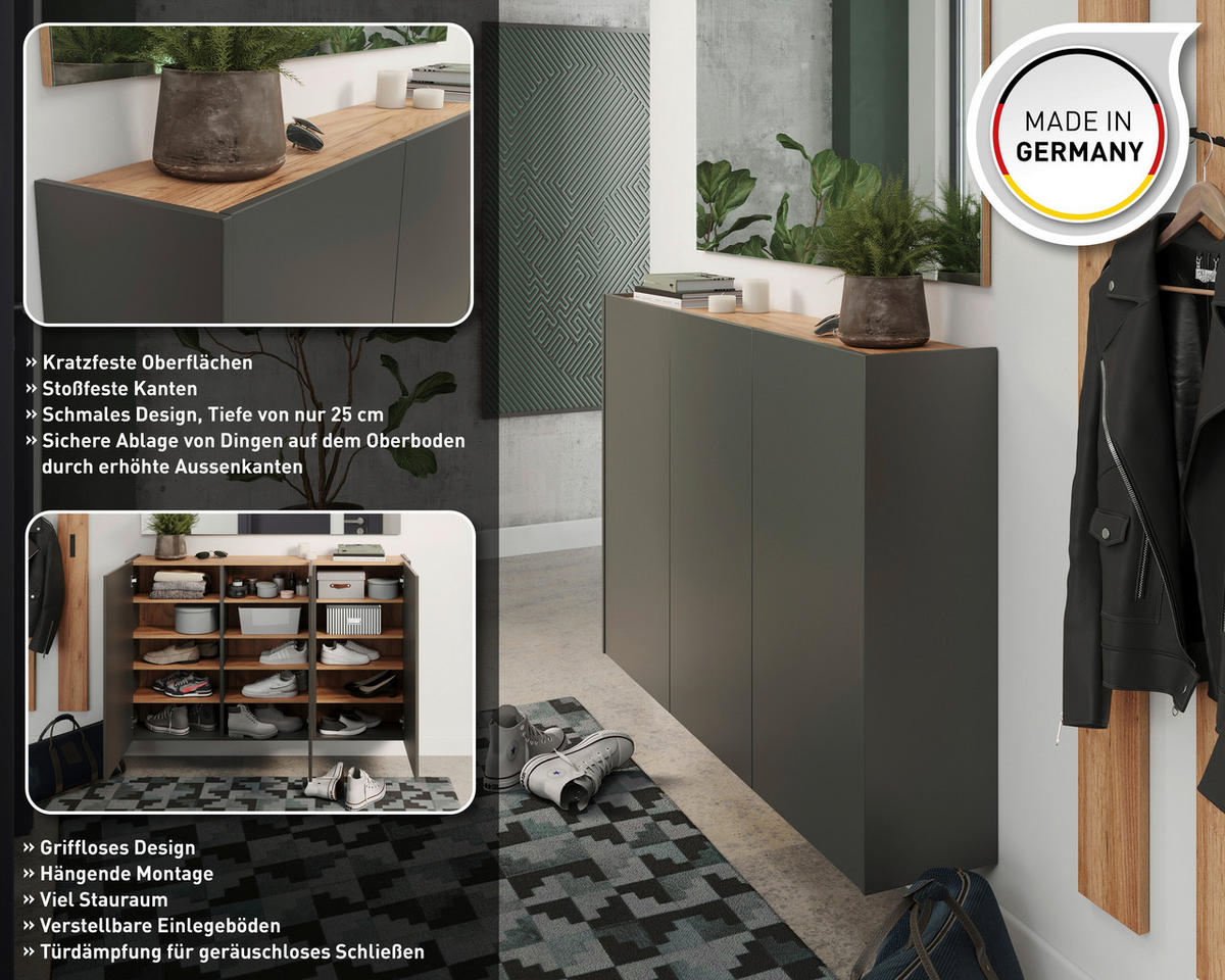 SCHUHSCHRANK GW-Libbiano  in 138/87/25 cm  - Eichefarben/Graphitfarben, Design, Holzwerkstoff (138/87/25cm)