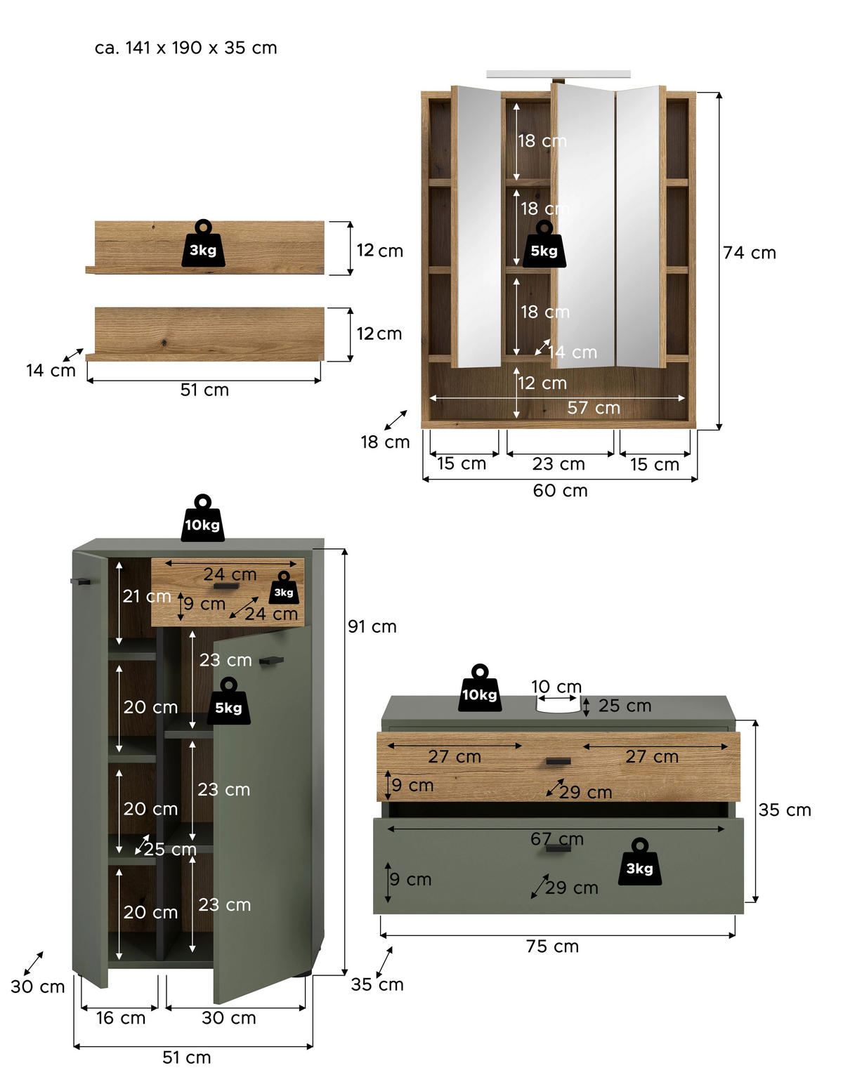 BADRUM 126 cm  - grön/svart, Trend, trämaterial/glas (126cm) - MID.YOU