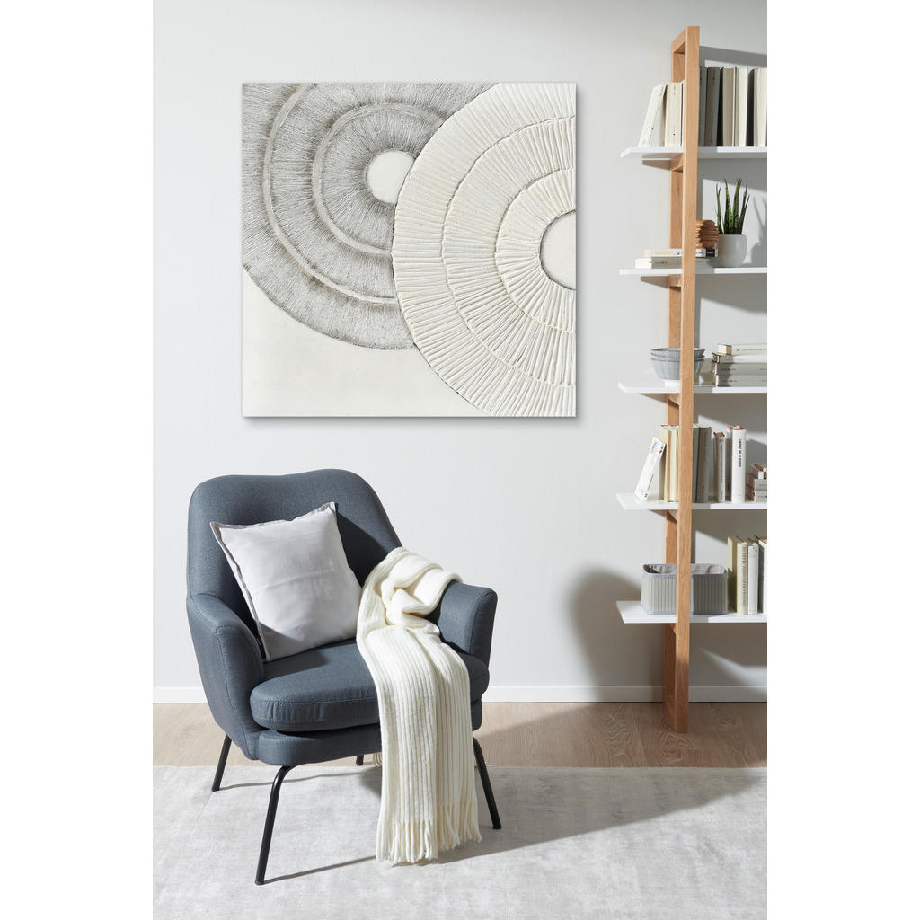 Thumbnail - Monee Ölgemälde, Grau, Weiß, Holz, Textil, Tanne, vollmassiv, quadratisch, 100 cm, handgemalt, einfache und schnelle Anb...