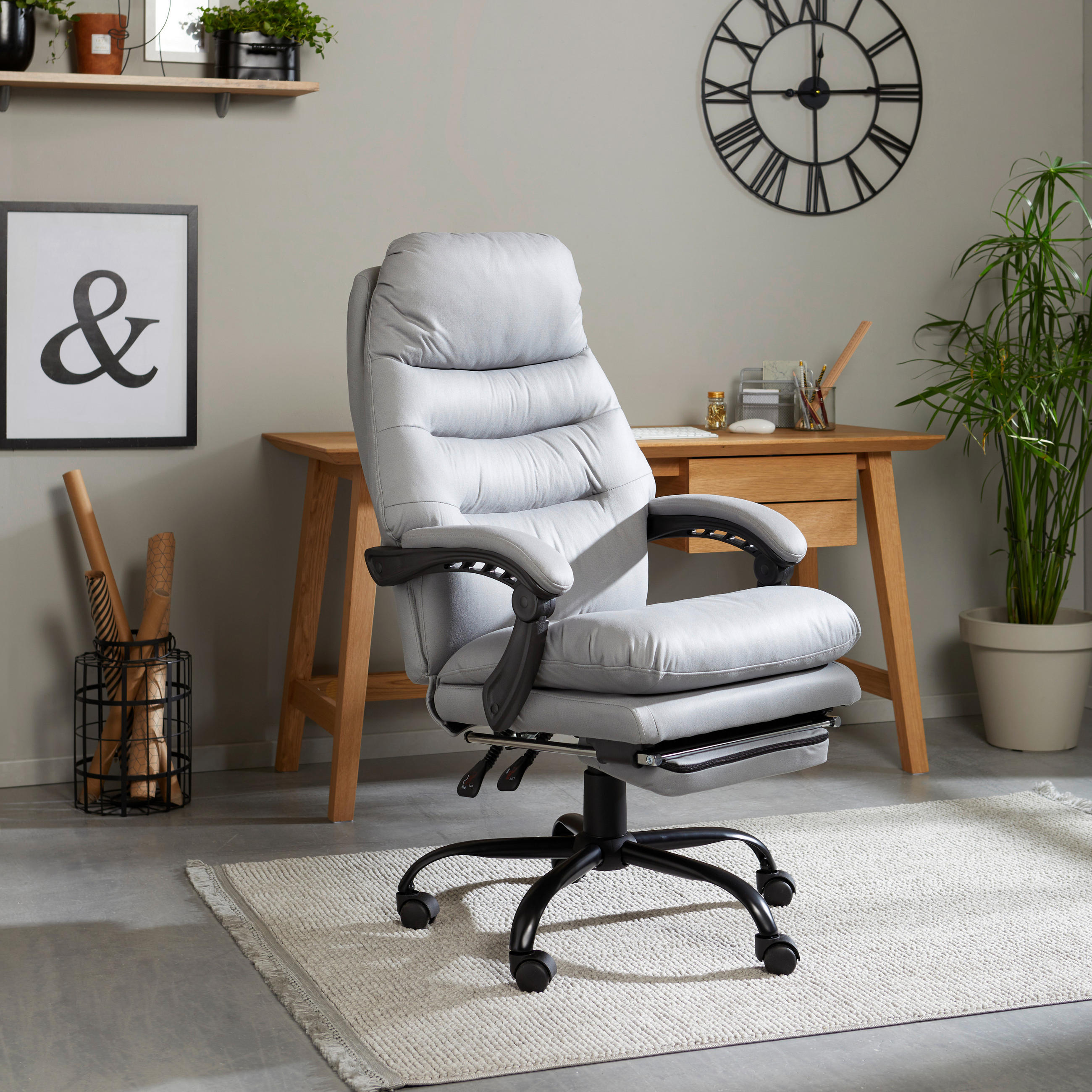 Thumbnail - Mid.you Chefsessel Fußstütze, Grau, Schwarz, Metall, Kunststoff, Textil, Drehkreuz, 64x114-122x72 cm, Wippfunktion, Sitz...