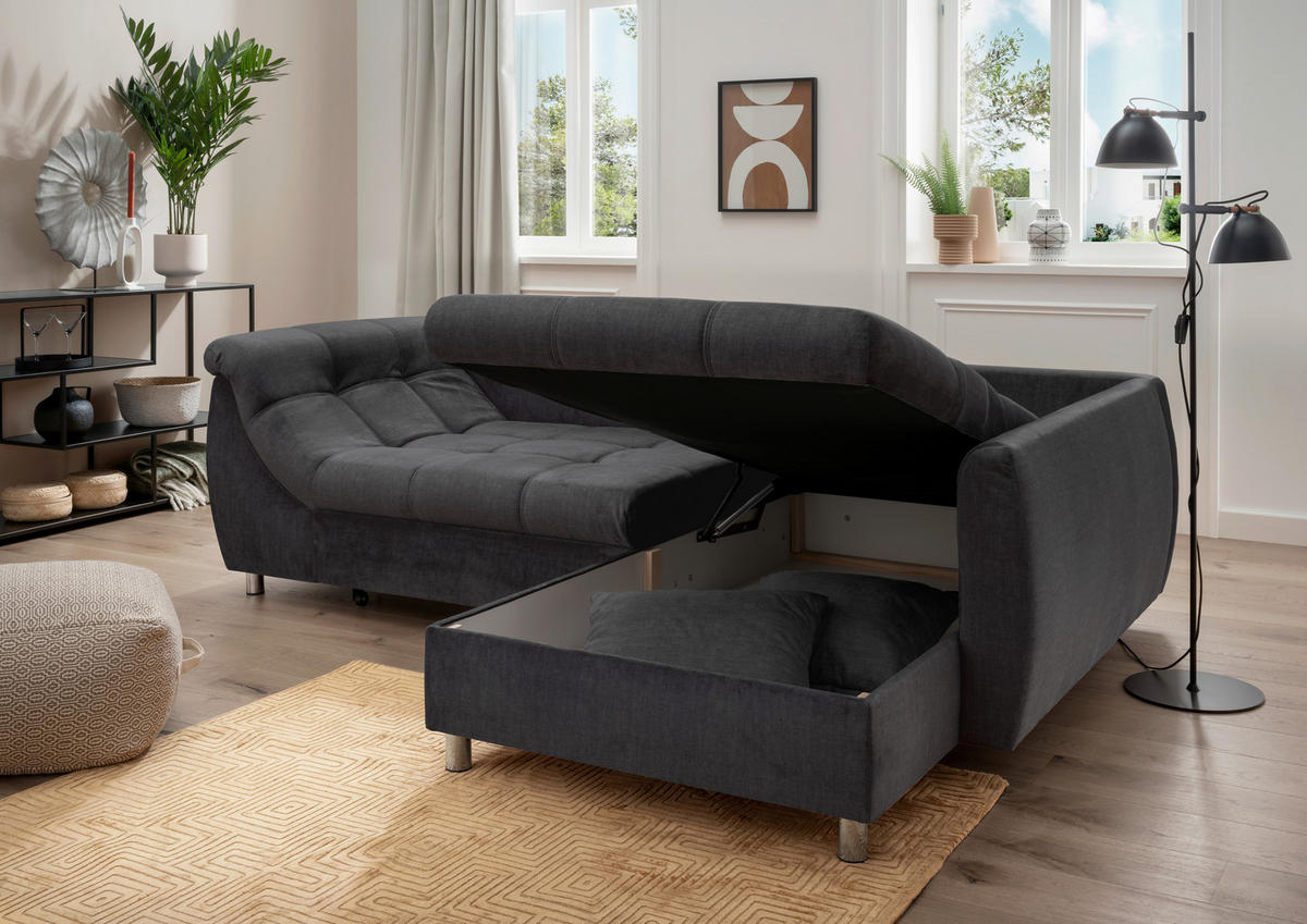 ECKSCHLAFSOFA in Mikrofaser Schwarz  - Chromfarben/Schwarz, Modern, Textil/Metall (250/190cm) - Livetastic