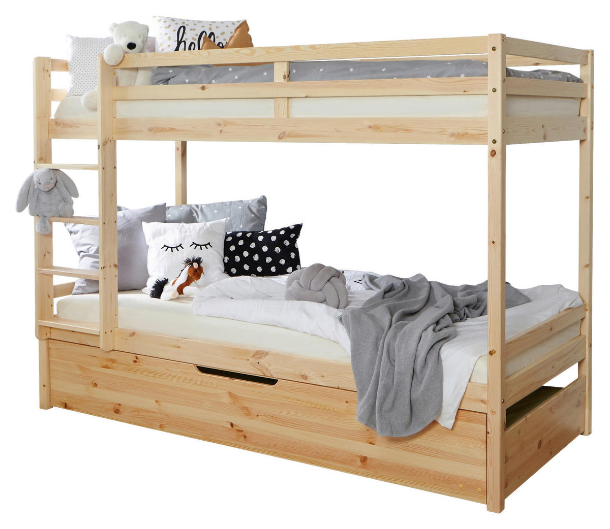 ETAGENBETT 90/200 cm,  in Naturfarben, Absturzsicherung, Leiter, Bettschublade  - Naturfarben, MODERN, Holz (90/200cm) - MID.YOU