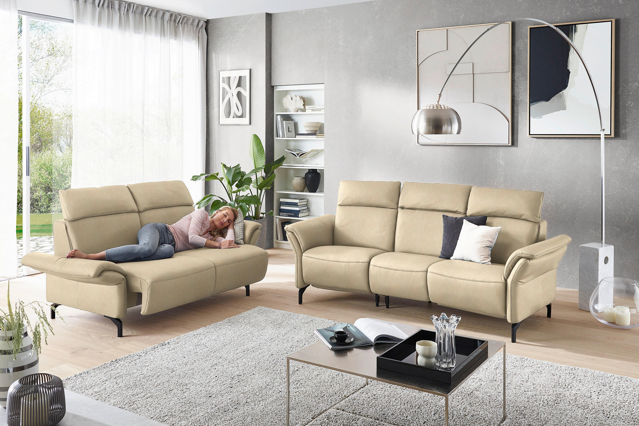 2-SITZER-SOFA in Mikrofaser Ecru  - Ecru/Schwarz, KONVENTIONELL, Textil/Metall (178/103/92cm) - Dieter Knoll