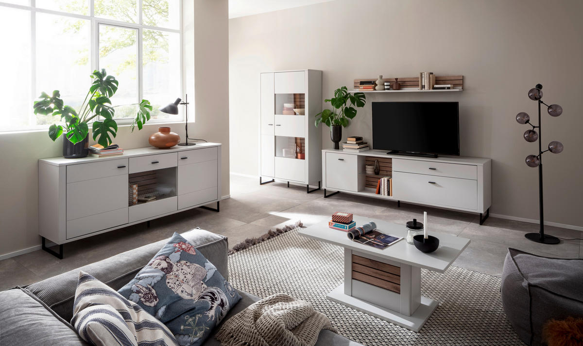 WOHNWAND  in Weiß, Eichefarben  326/185/44 cm  - Eichefarben/Anthrazit, Design, Glas/Holzwerkstoff (326/185/44cm) - Stylife