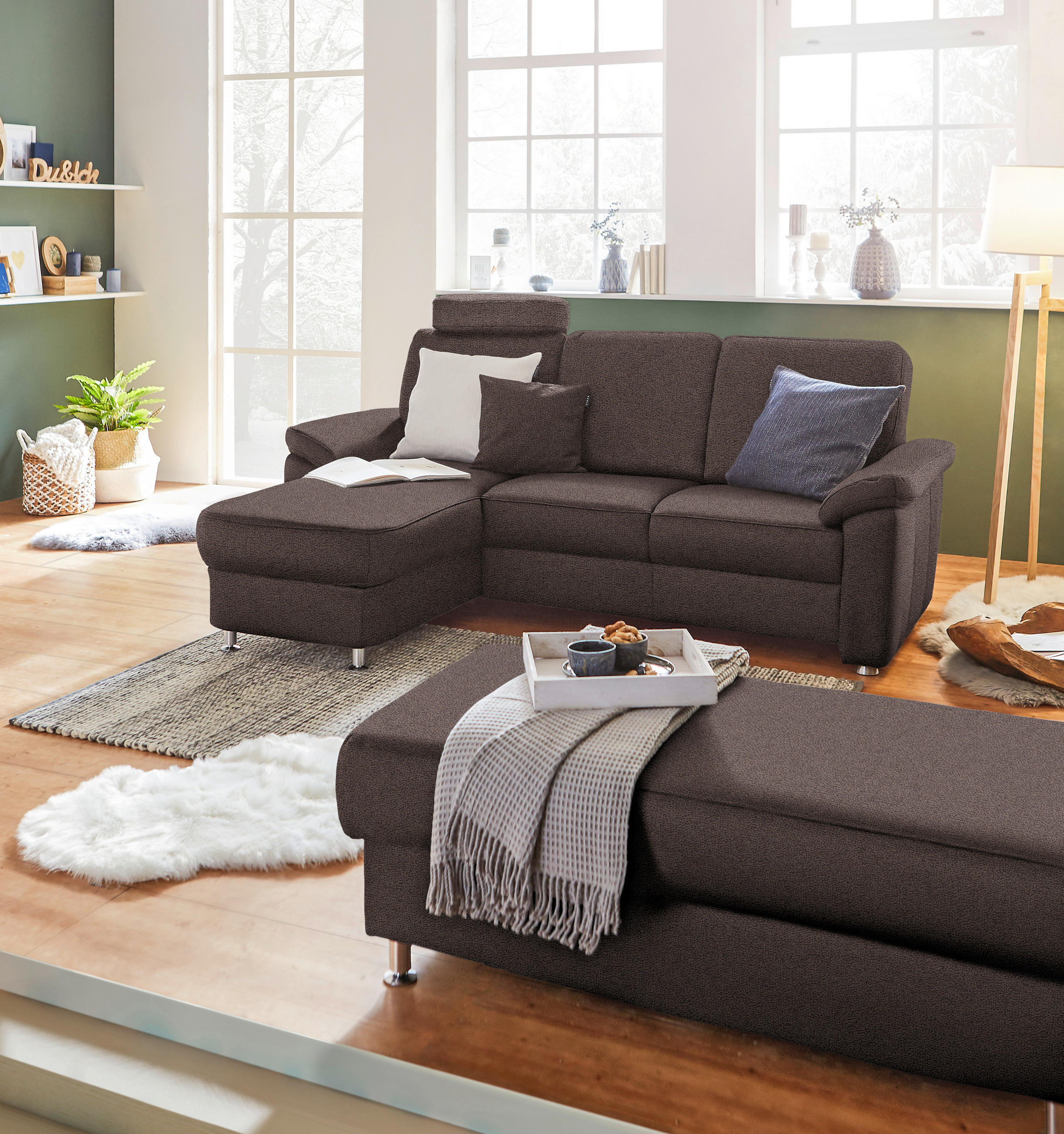 ECKSOFA in Flachgewebe Dunkelbraun  - Chromfarben/Dunkelbraun, Konventionell, Textil/Metall (163/220cm) - Beldomo System