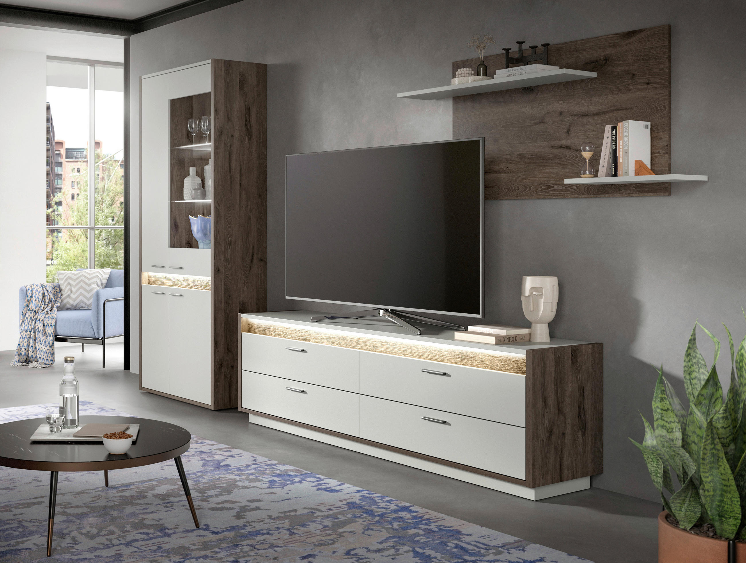 WOHNWAND 3-teilig in Hellgrau 299/198/43 cm - Anthrazit/Hellgrau, Design, Holzwerkstoff/Metall (299/198/43cm) - MID.YOU