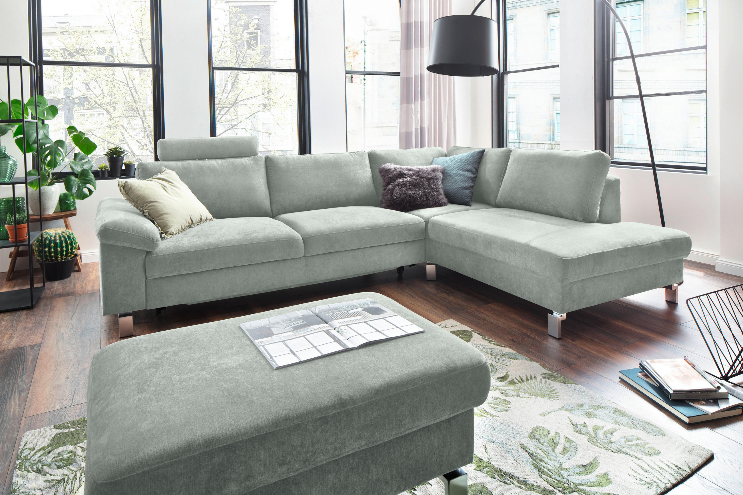 ECKSOFA Hellgrau Velours  - Chromfarben/Hellgrau, Design, Textil/Metall (281/200cm) - Hom`in