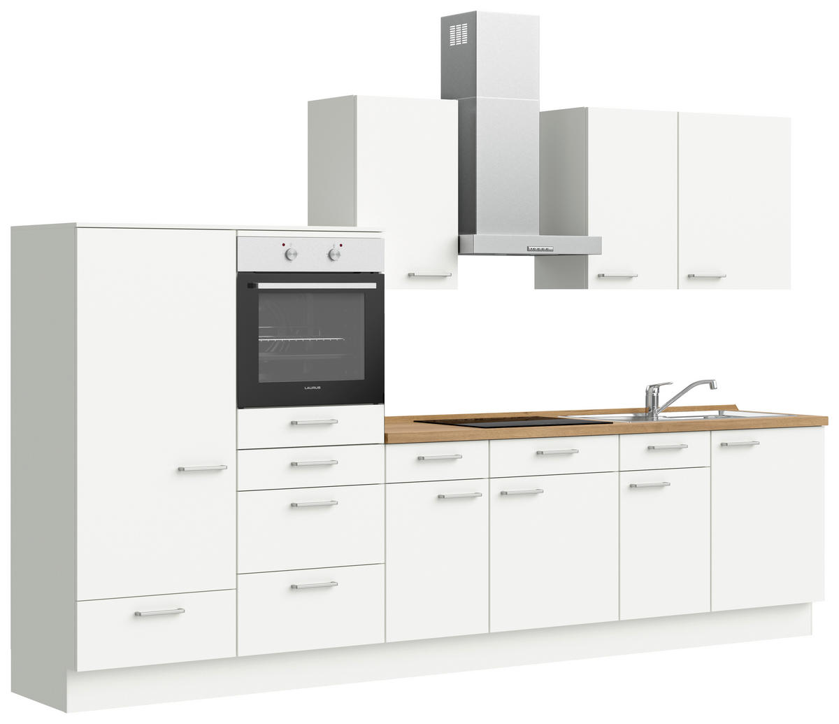 KÜCHENBLOCK 330 cm   in Weiß, Eichefarben  - Edelstahlfarben/Eichefarben, MODERN, Holzwerkstoff/Metall (330cm) - Nobilia