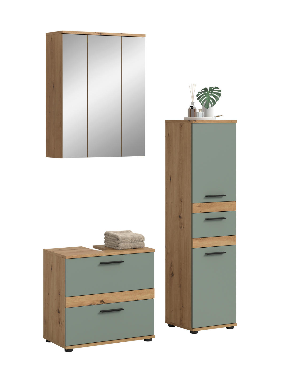 BADEZIMMER 3-teilig  in 110 cm  - Salbeigrün/Schwarz, Trend, Glas/Holzwerkstoff (110cm) - MID.YOU