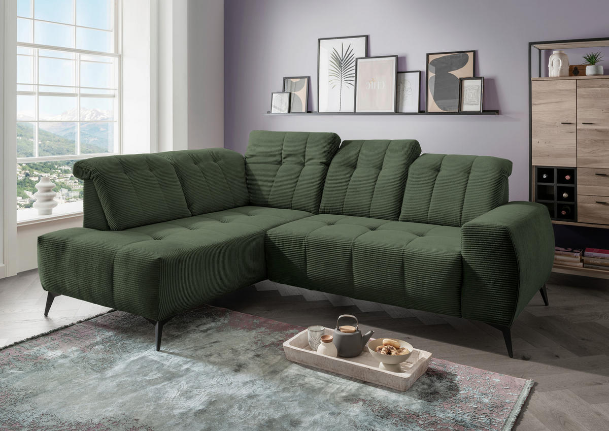 Livetastic ECKSOFA Dunkelgrün Cord, links davon: Hochflorteppich, rechts davon: Highboard, Lektüre, Bild in grau in hellem Wohnzimmer.