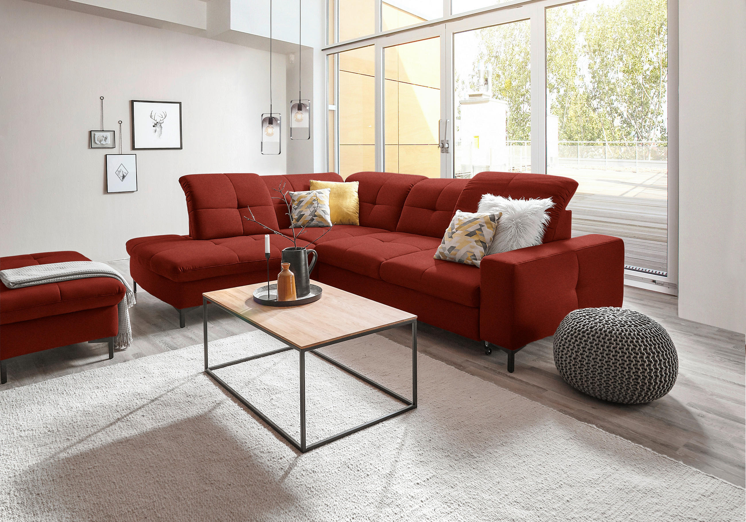 ECKSOFA in Chenille Rot  - Rot/Schwarz, Design, Textil/Metall (240/308cm) - Xora
