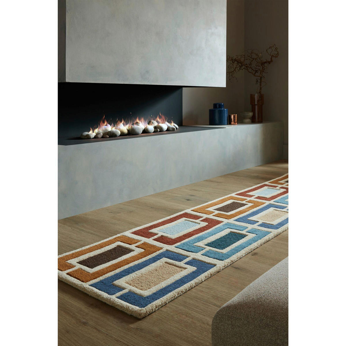 WOLLTEPPICH 60/230 cm RETRO BLOCKS Blau  - Blau, KONVENTIONELL, Textil (60/230cm)