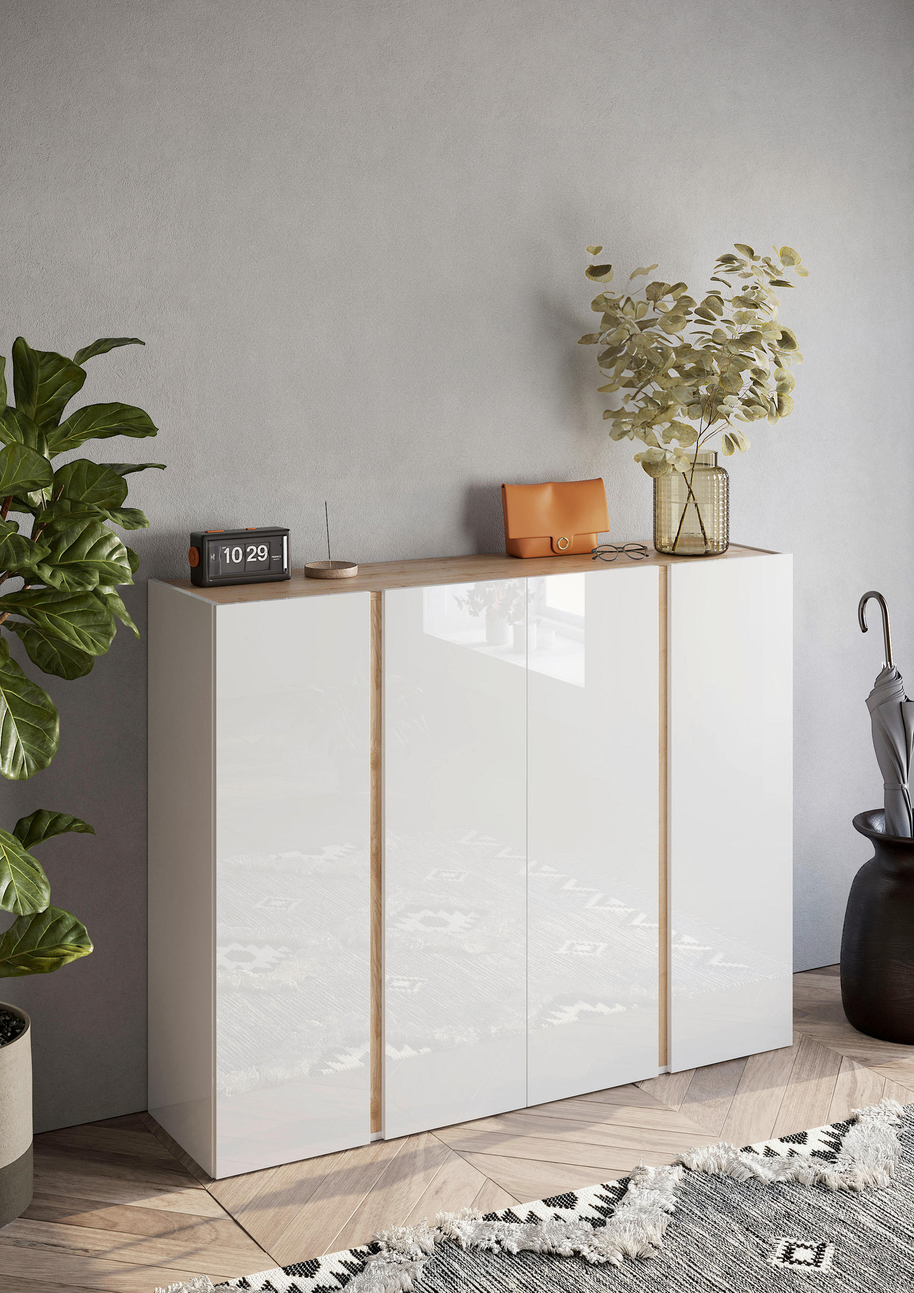 OMARA ZA ČEVLJE bela, visoki sijaj - črna/barve hrasta, Design, umetna masa/leseni material (140/111/35cm) - Carryhome