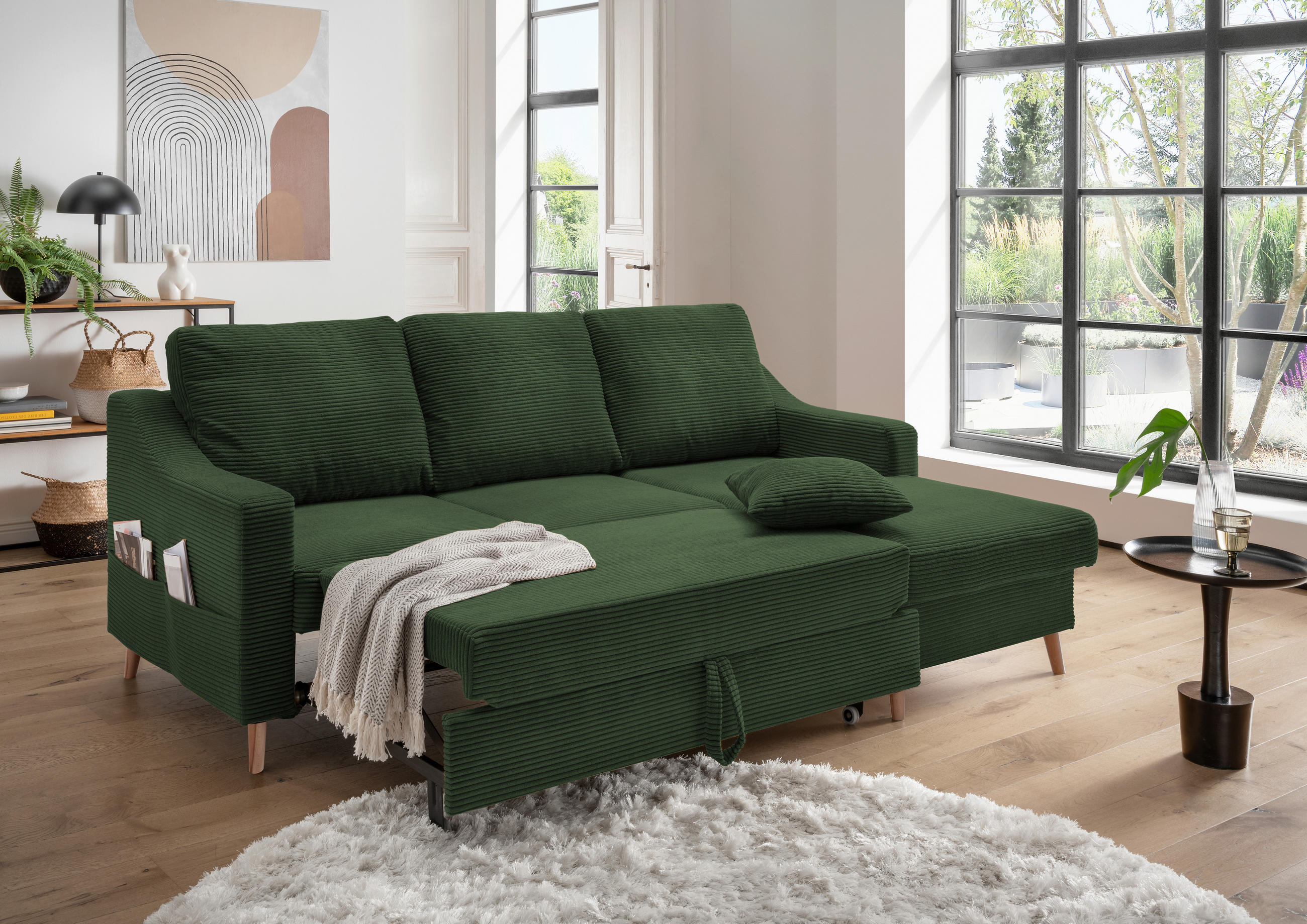 ECKSOFA in Cord Dunkelgrün  - Dunkelgrün/Naturfarben, Design, Holz/Textil (228/150cm) - P & B