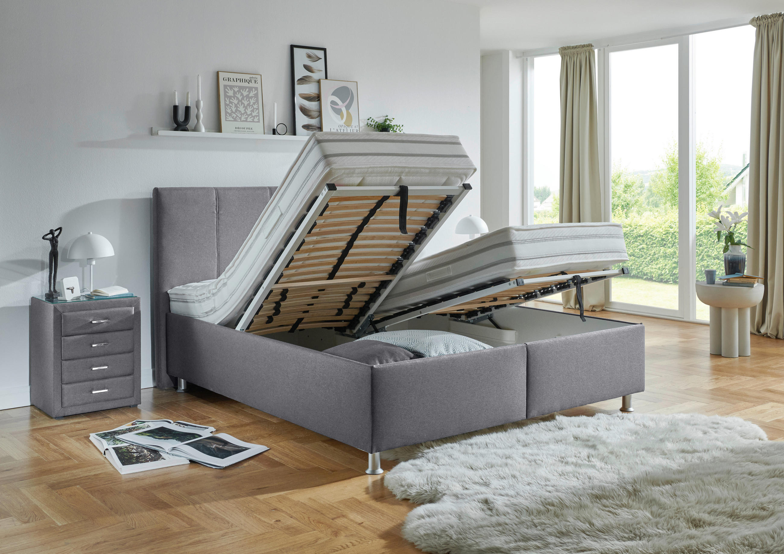 POLSTERBETT Matratze, gepolstertes Kopfteil, Lattenrost, Bettkasten 180/200 cm in Grau - Alufarben/Weiß, KONVENTIONELL, Holz/Holzwerkstoff (180/200cm) - Beldomo - Sleep