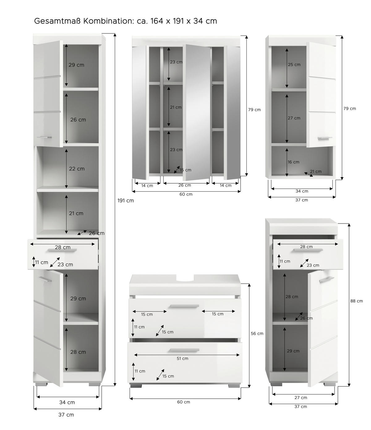 BADEZIMMER 5-teilig  in 134 cm  - Weiß Hochglanz/Silberfarben, MODERN, Glas/Holzwerkstoff (134cm) - MID.YOU