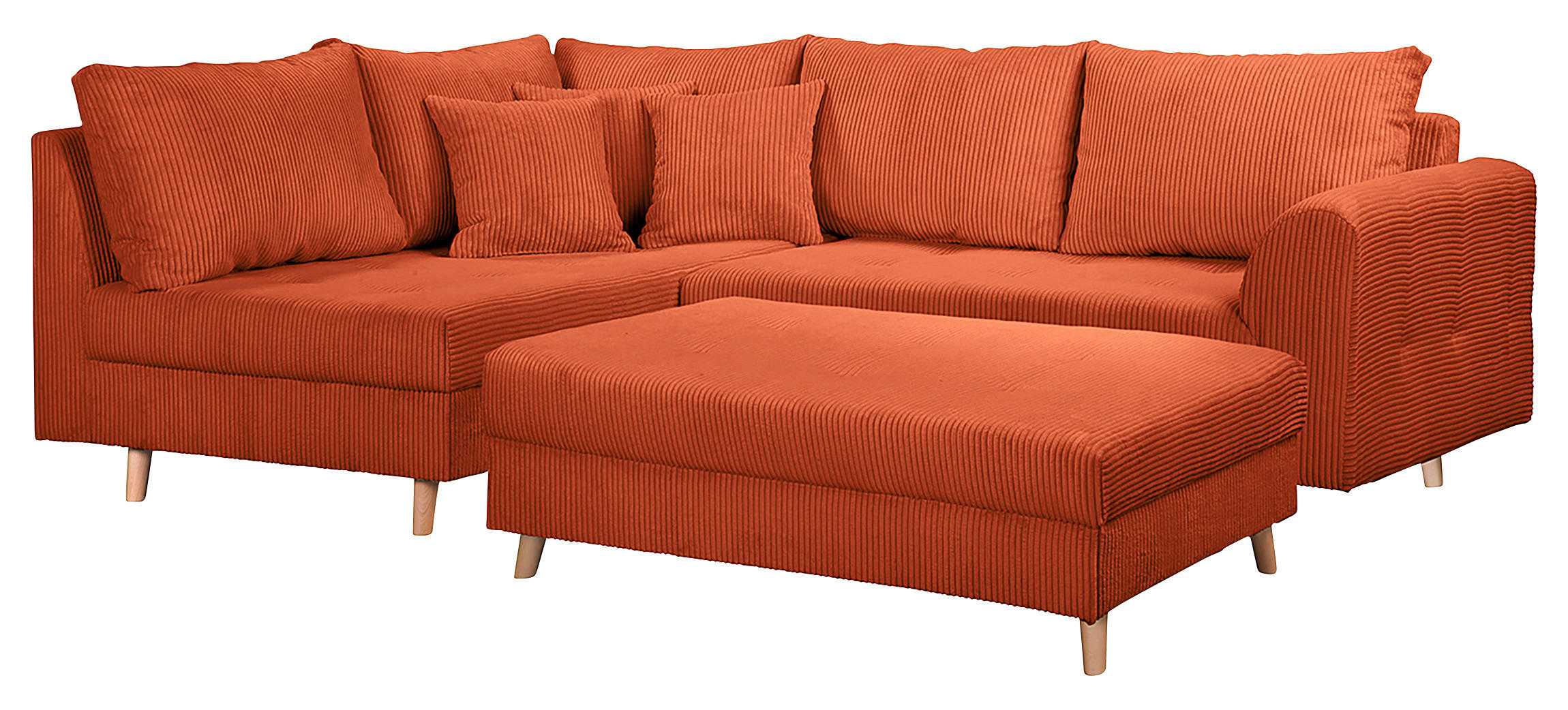 ECKSOFA inkl. Hocker Ariella in Cord Rostfarben Rückenkissen, Hocker  161/231 cm  - Rostfarben/Naturfarben, Design, Holz/Textil (161/231cm) - P & B