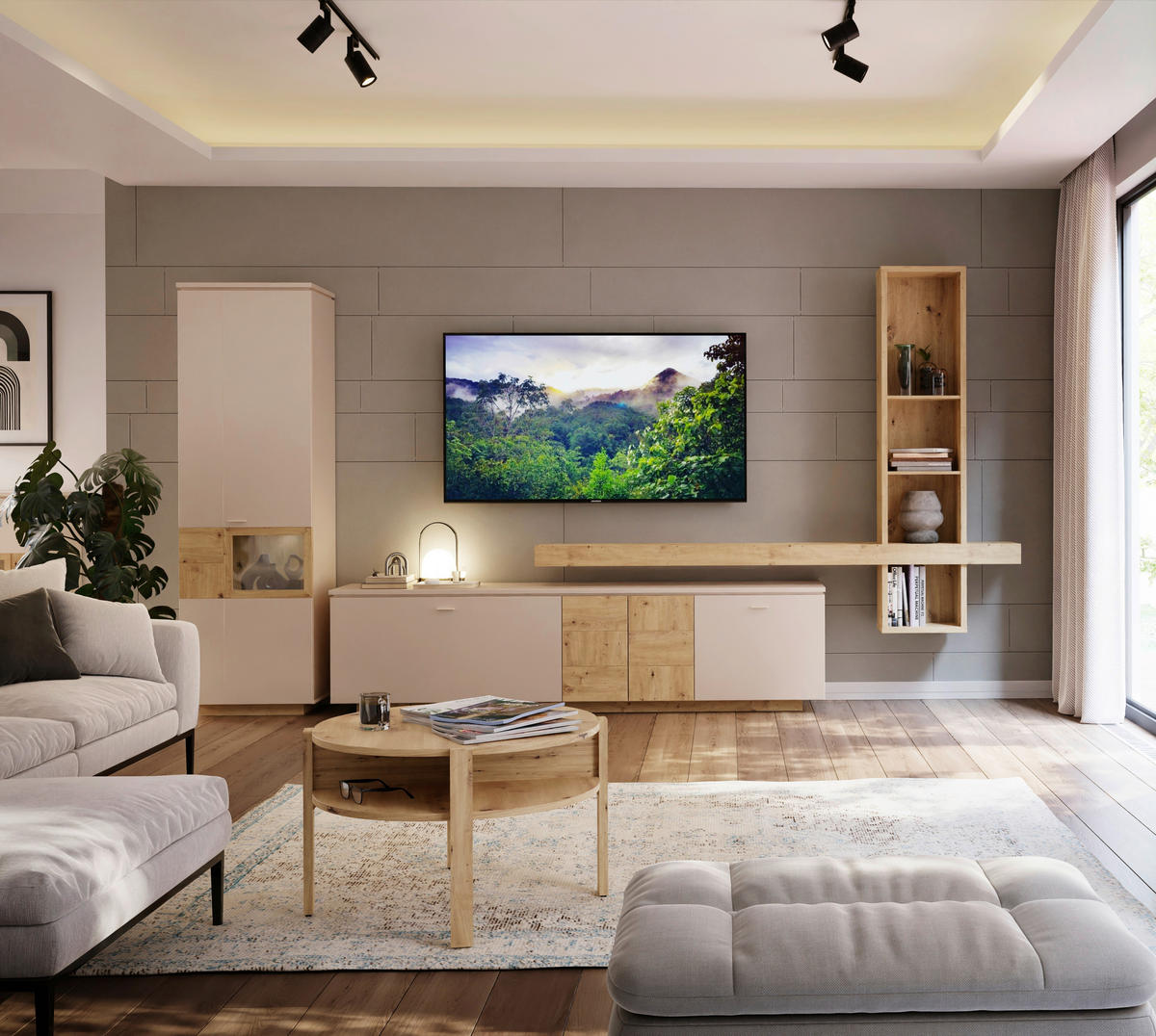 TV-ELEMENT barve hrasta, peščene barve  - siva/barve hrasta, Moderno, kovina/umetna masa (224,8/57,7/41,6cm) - Hom`in