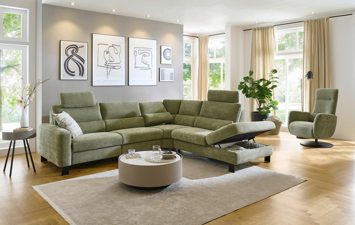ECKSOFA Olivgrün Chenille  - Schwarz/Olivgrün, Design, Textil/Metall (285/248cm) - Beldomo Comfort