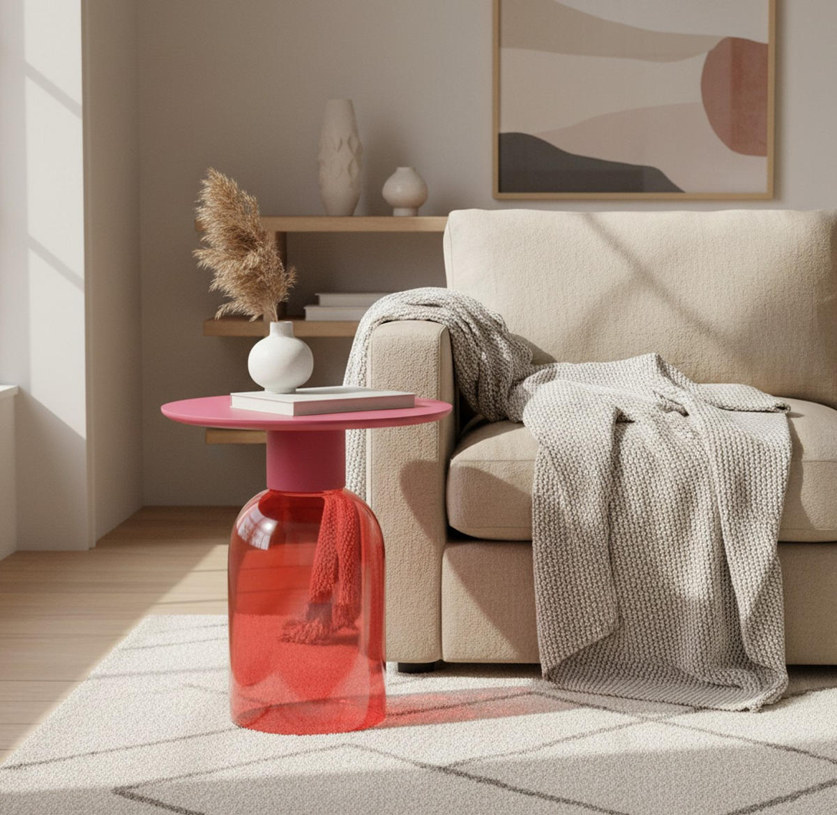 BEISTELLTISCH 50/50/55 cm Mangoholz Hartholz Pink rund  - Pink, Basics, Glas/Holz (50/50/55cm) - MID.YOU