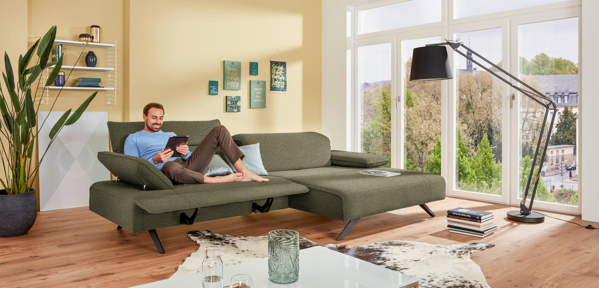 ECKSOFA in Flachgewebe Olivgrün  - Anthrazit/Olivgrün, Design, Textil/Metall (280/165cm) - Johann Jakob