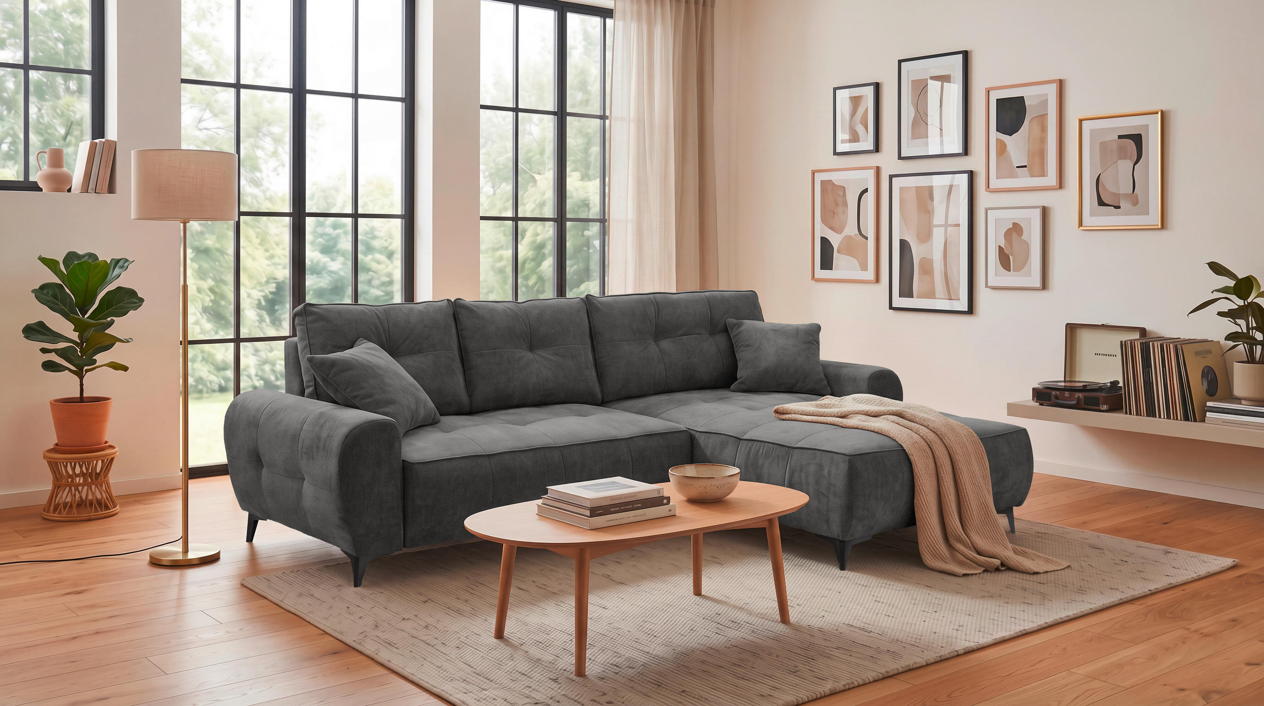 ECKSOFA Webstoff Anthrazit  - Anthrazit/Schwarz, Modern, Kunststoff/Textil (284/191cm) - MID.YOU
