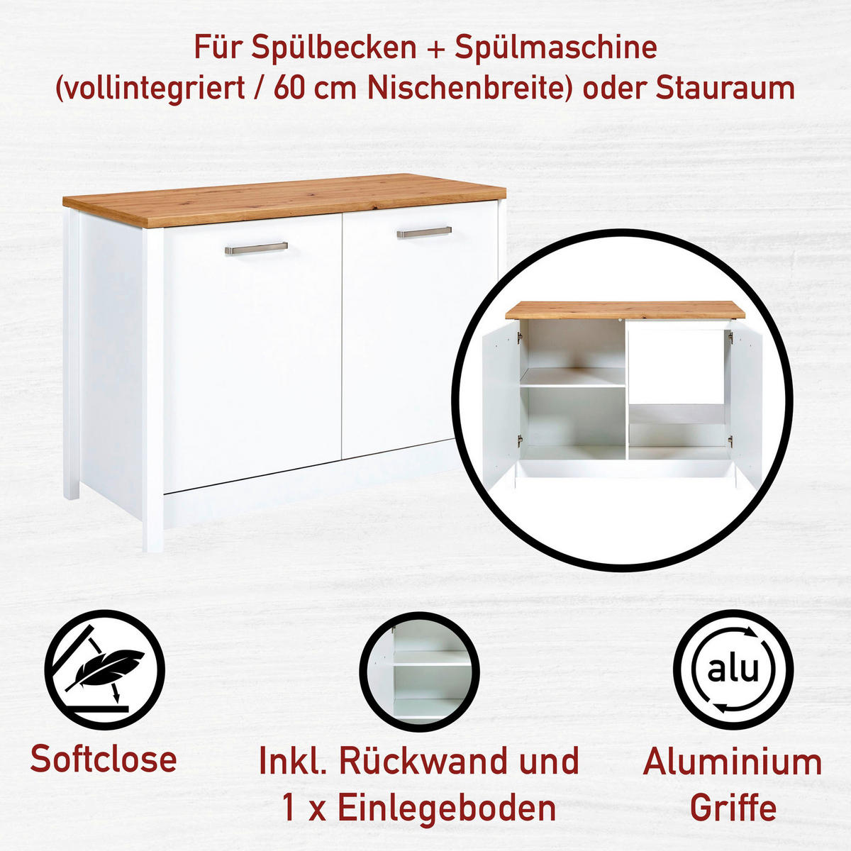 KÜCHENLEERBLOCK   in Weiß, Eiche Artisan  - Silberfarben/Weiß, MODERN, Glas/Holzwerkstoff (370/167/60cm) - home24